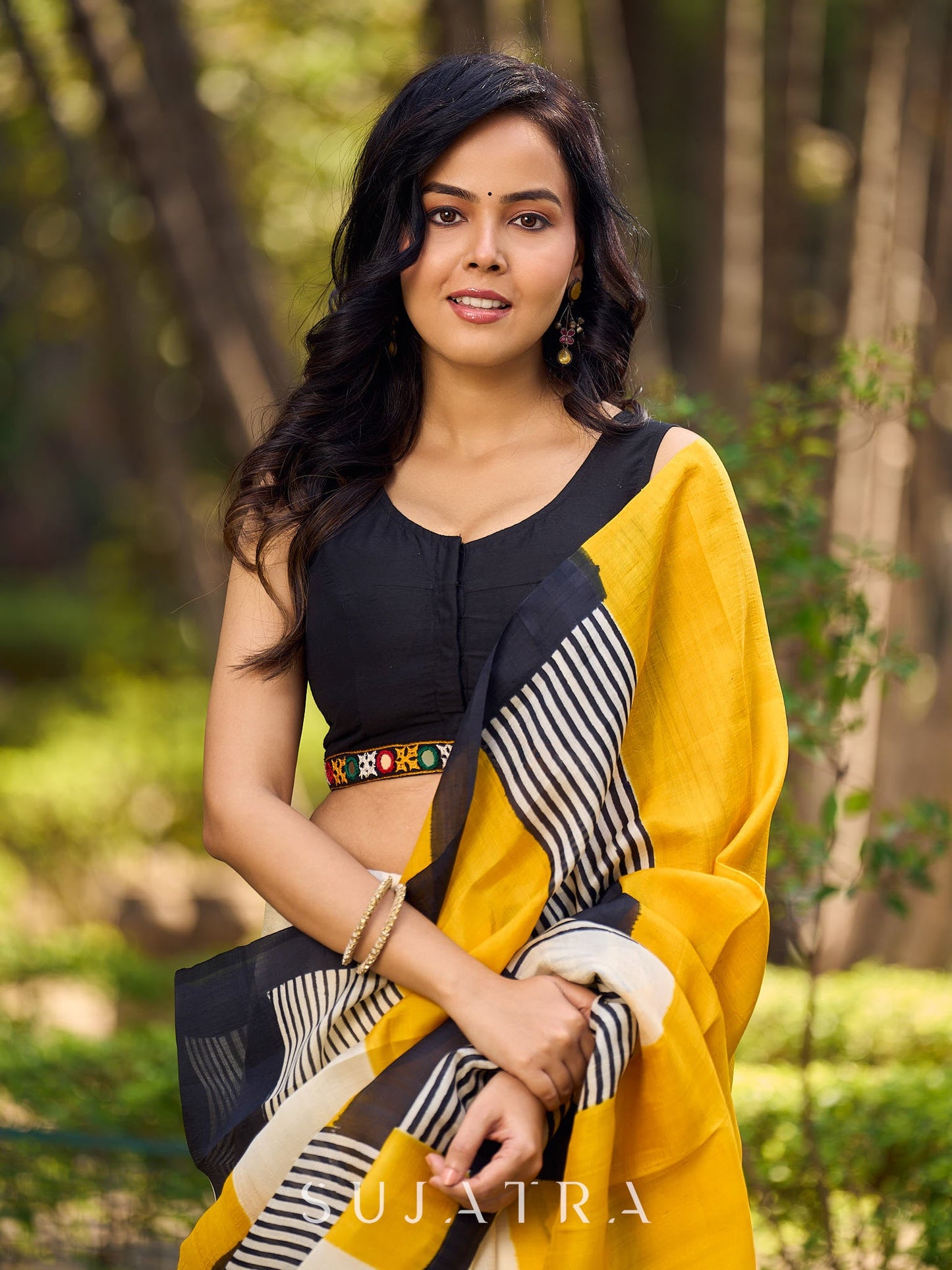 Modern Geometric Pure Silk Block Printed Saree Crafted in Striking Mustard and Classic Ivory Tones