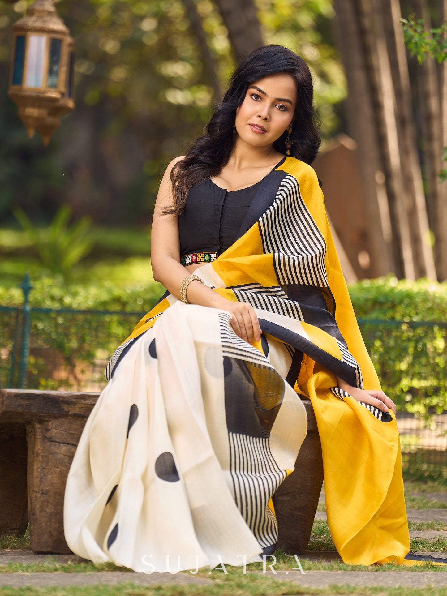 Modern Geometric Pure Silk Block Printed Saree Crafted in Striking Mustard and Classic Ivory Tones