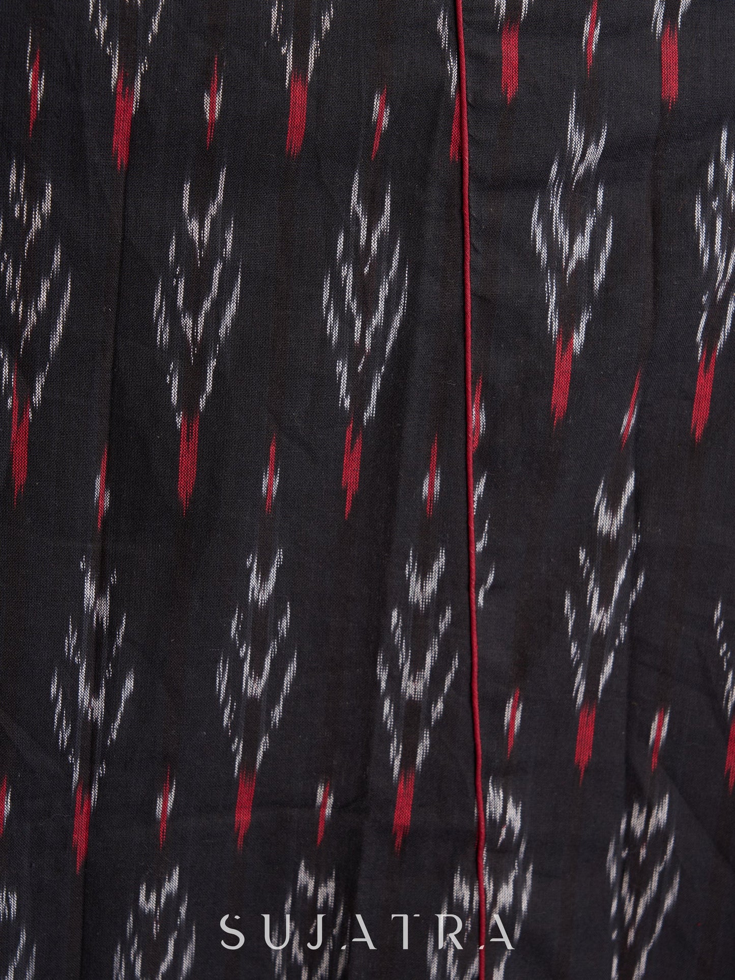 Elegant Black Ikat Paneled Kurta with Intricate Sleeve Handwork & Maroon Piping Accents