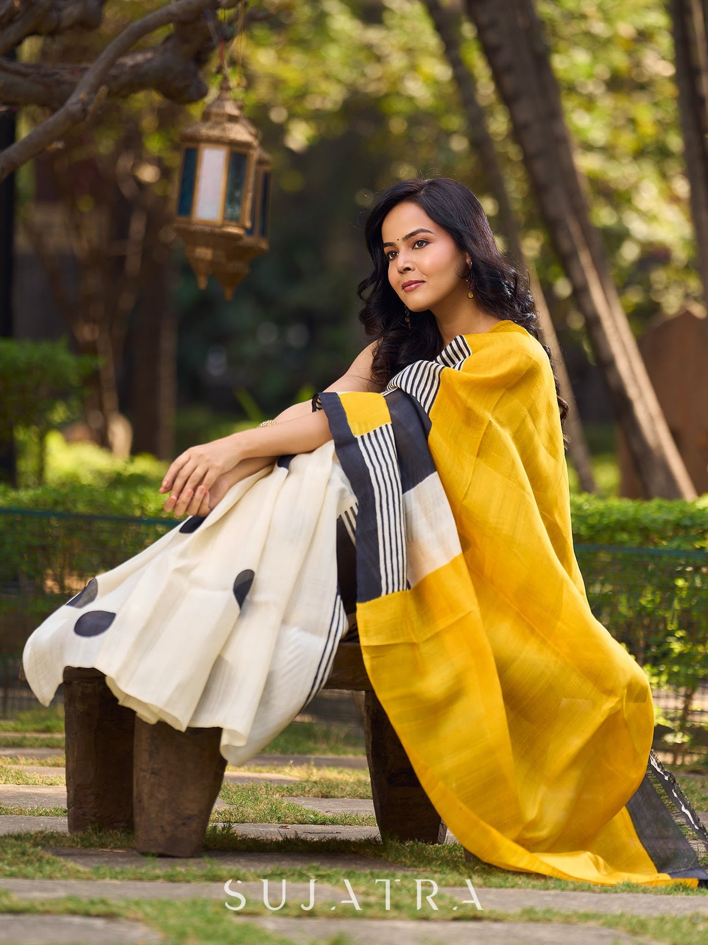 Modern Geometric Pure Silk Block Printed Saree Crafted in Striking Mustard and Classic Ivory Tones