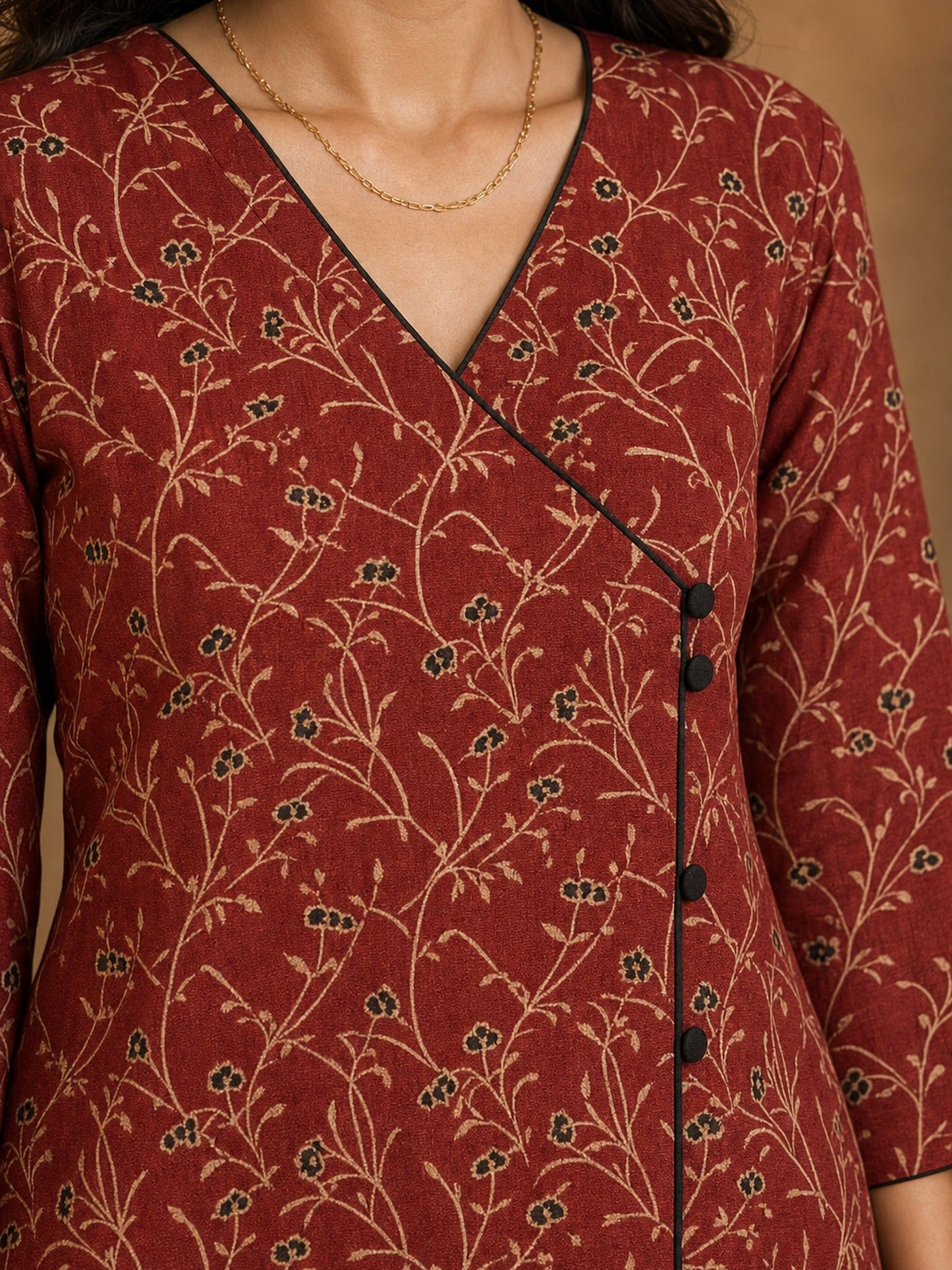 Deep Maroon Floral Cotton Kurta with Statement Overlap Front Design