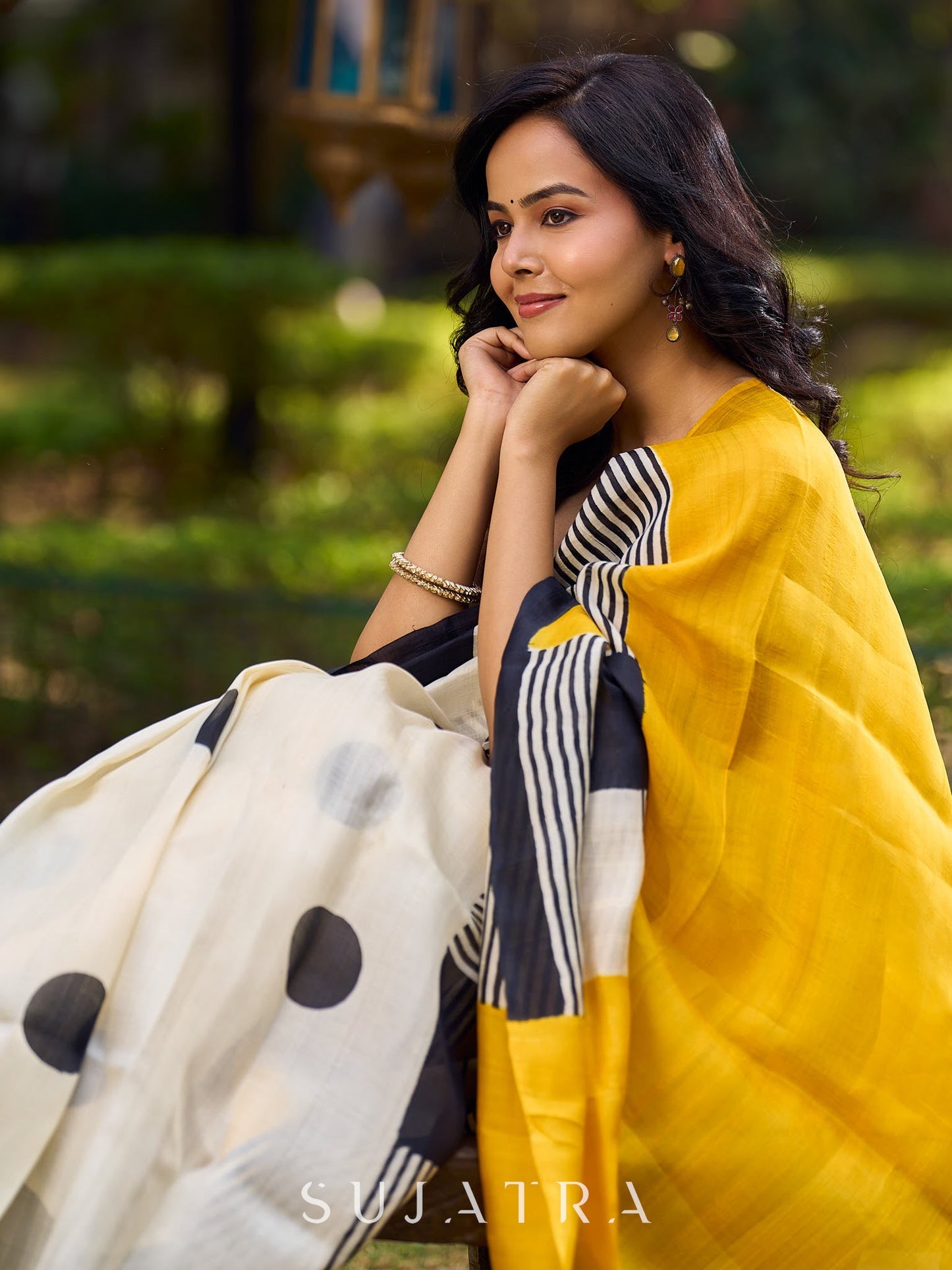 Modern Geometric Pure Silk Block Printed Saree Crafted in Striking Mustard and Classic Ivory Tones