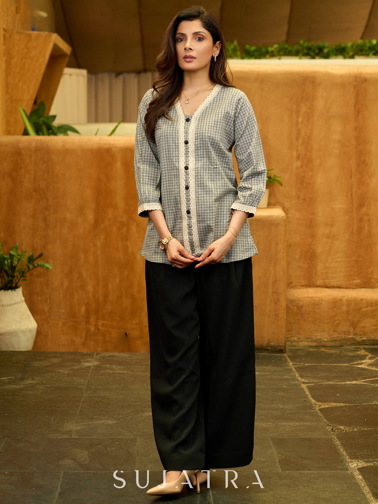 Subtle Grey Ikat Cotton Top with Crochet Borders and Soft Weave Texture