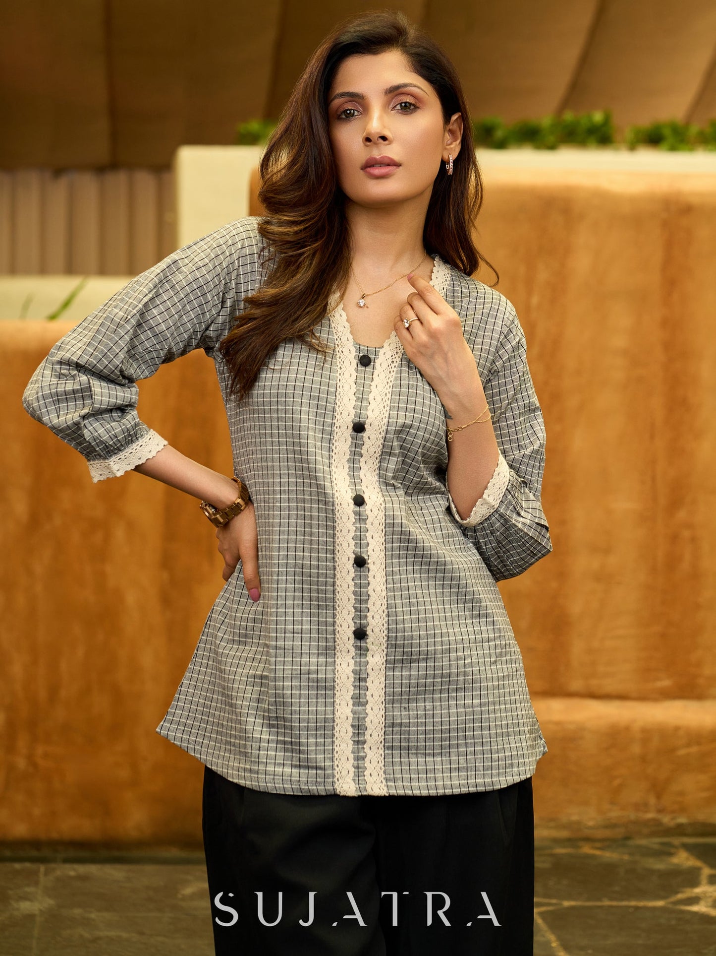 Subtle Grey Ikat Cotton Top with Crochet Borders and Soft Weave Texture