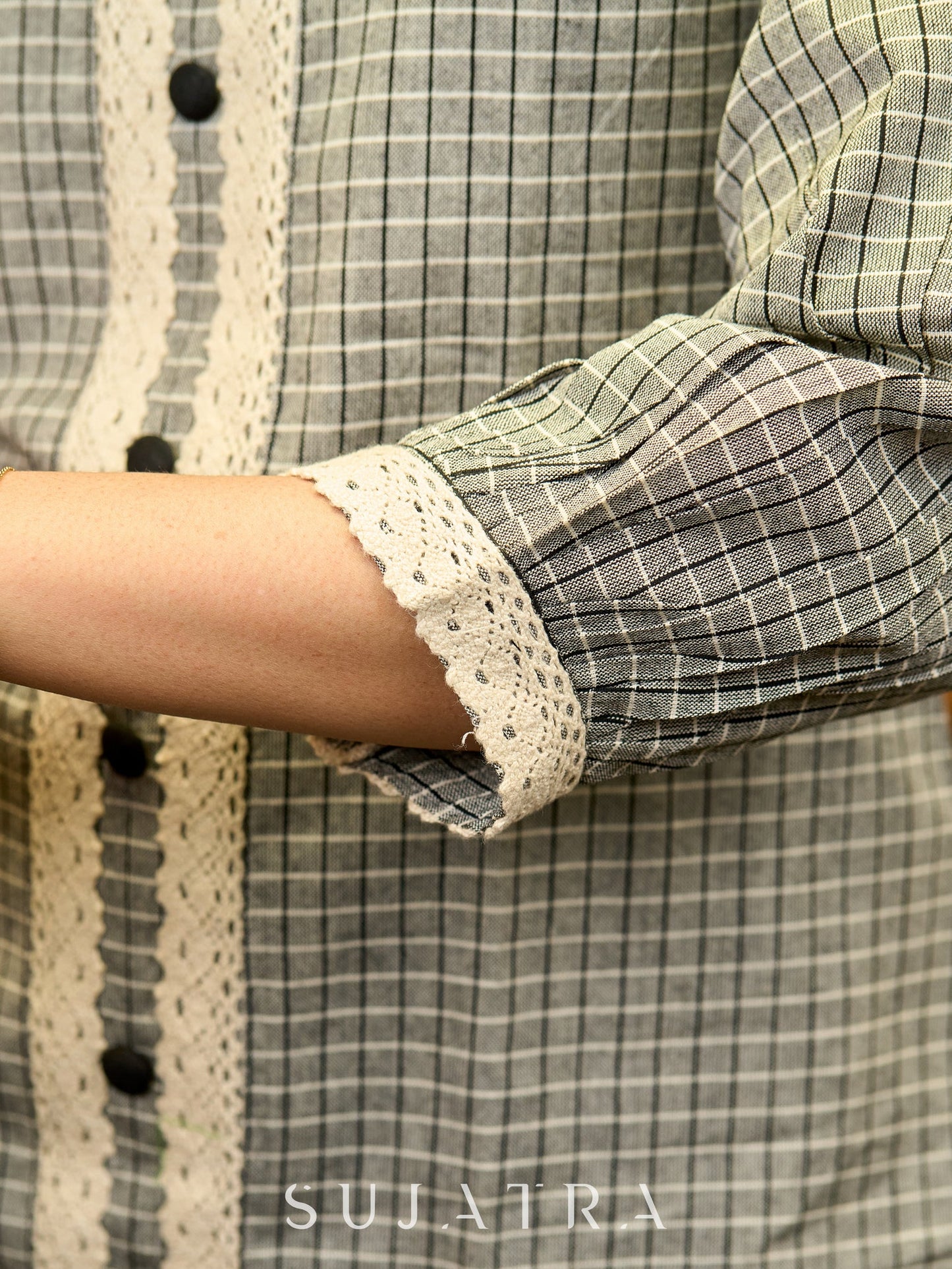 Subtle Grey Ikat Cotton Top with Crochet Borders and Soft Weave Texture