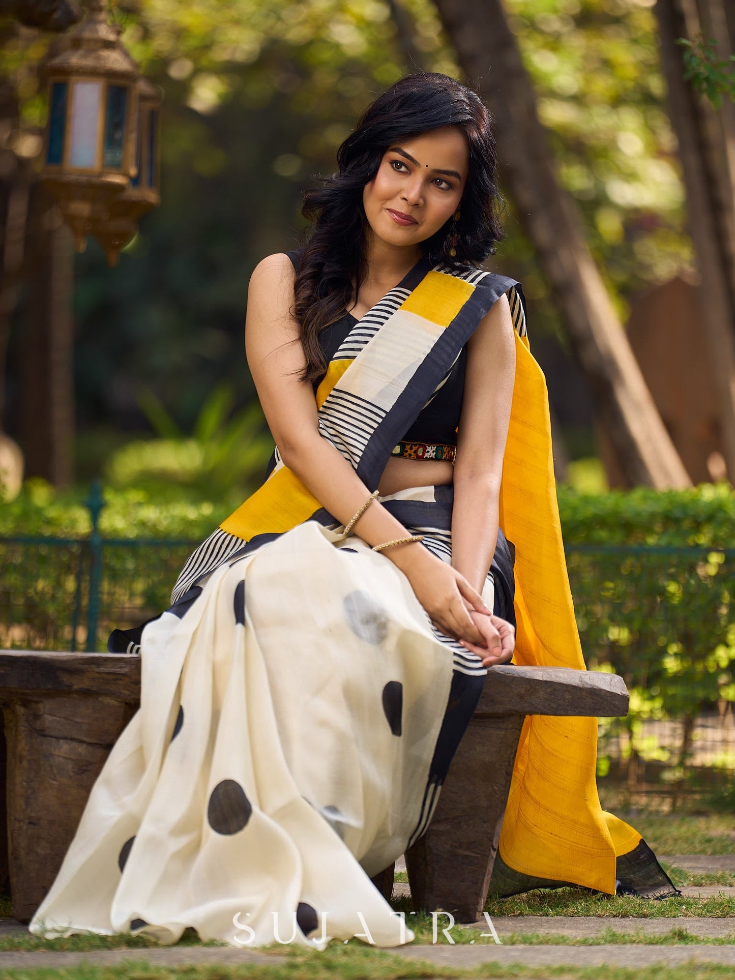 Modern Geometric Pure Silk Block Printed Saree Crafted in Striking Mustard and Classic Ivory Tones