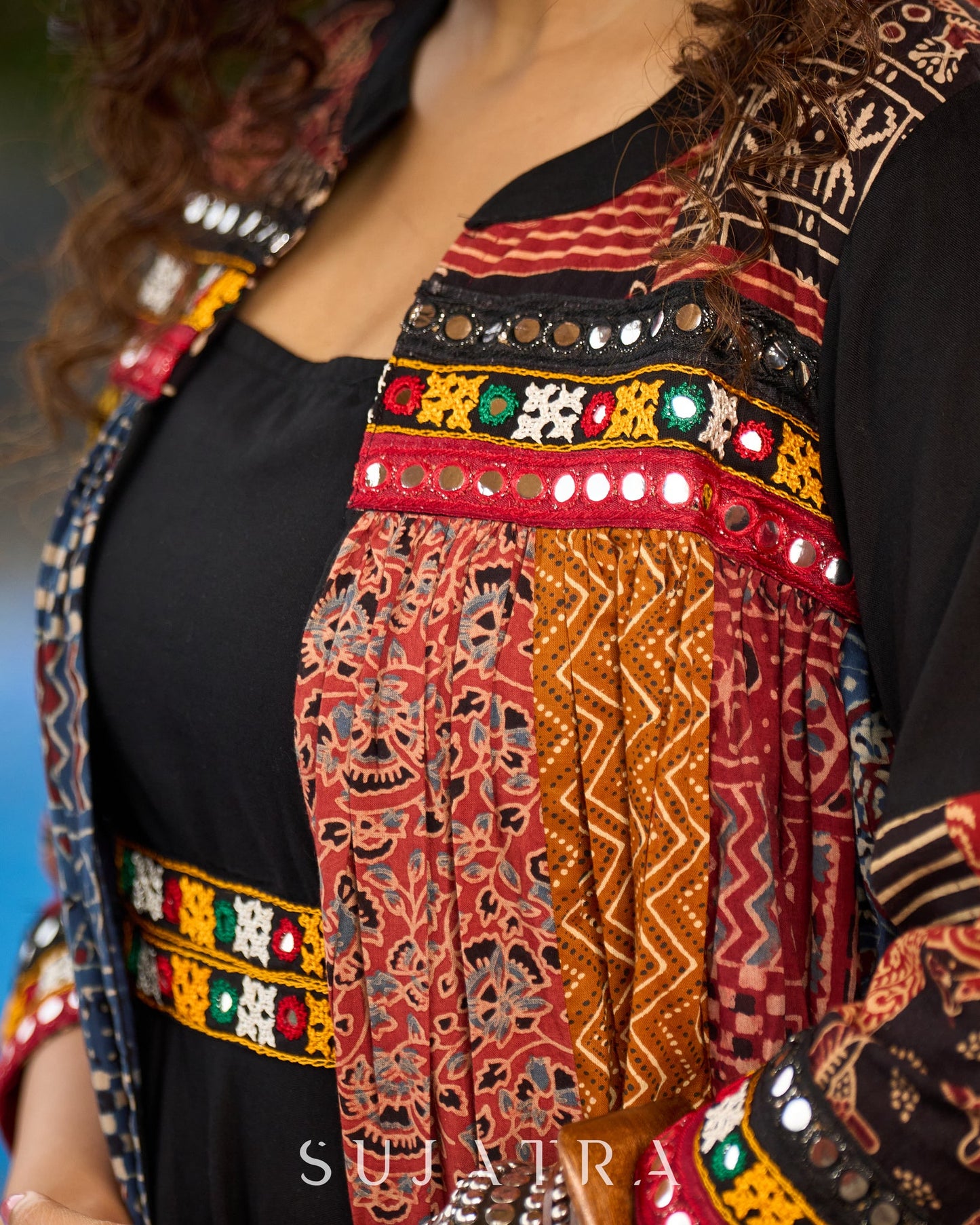 Black Rayon Double-Flared Sleeveless Dress with Mirror Work Embellishments - Patchwork Ajrakh Jacket Additional