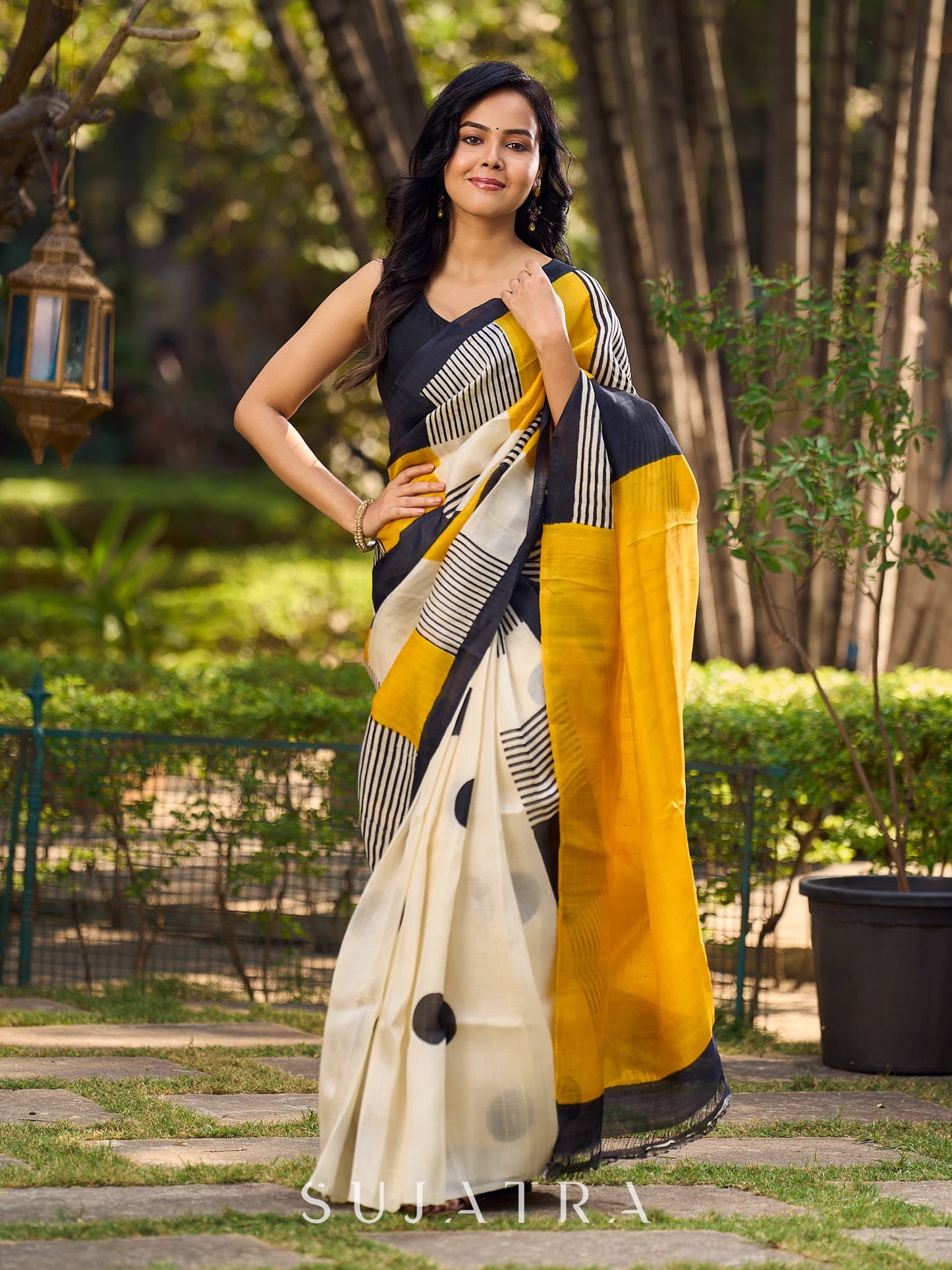 Modern Geometric Pure Silk Block Printed Saree Crafted in Striking Mustard and Classic Ivory Tones