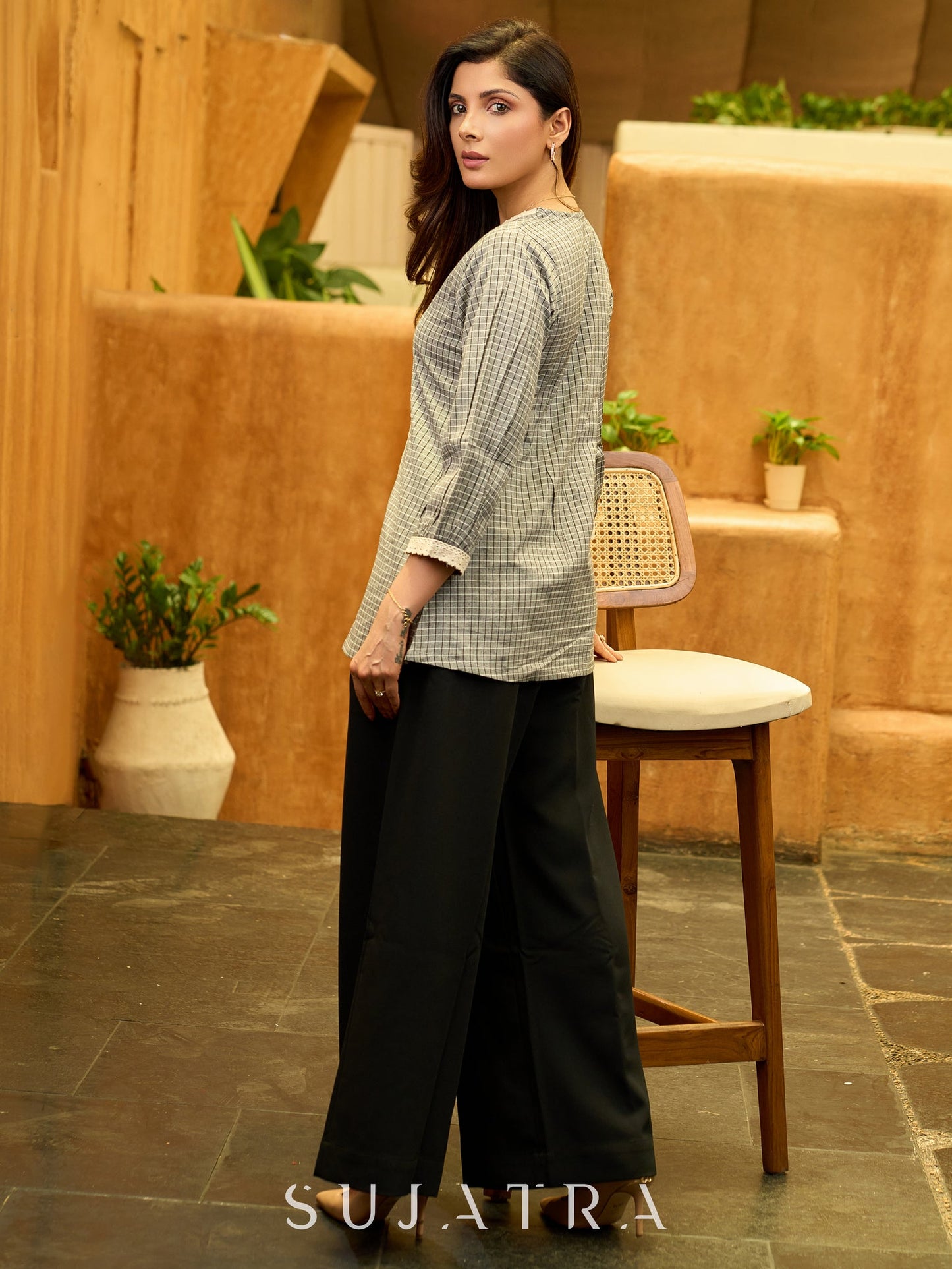 Subtle Grey Ikat Cotton Top with Crochet Borders and Soft Weave Texture