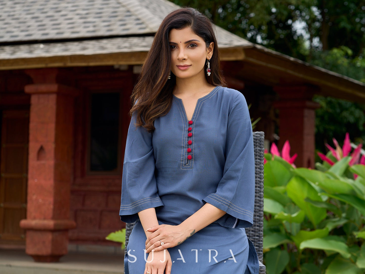 Smart Dark Grey rayon kurta elevated with subtle and stylish stitch detailing - palazzo optional