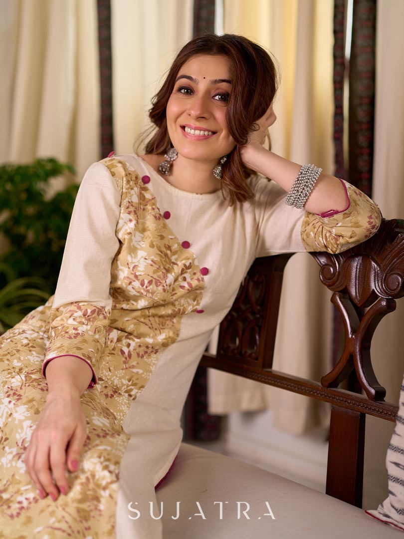 Refined Off White Cotton Straight Kurta with Floral Printed Panel and Button Embellishment