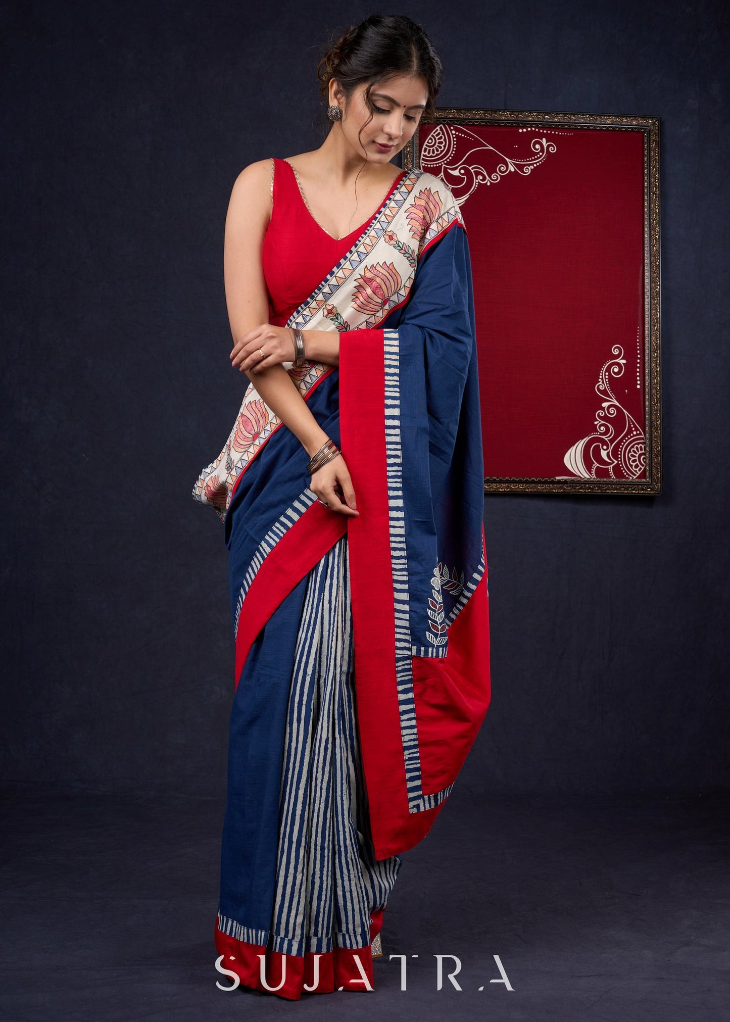 Exclusive Hand-painted Madhubani & Indigo combination saree with Hand-painted Motif on Pallu