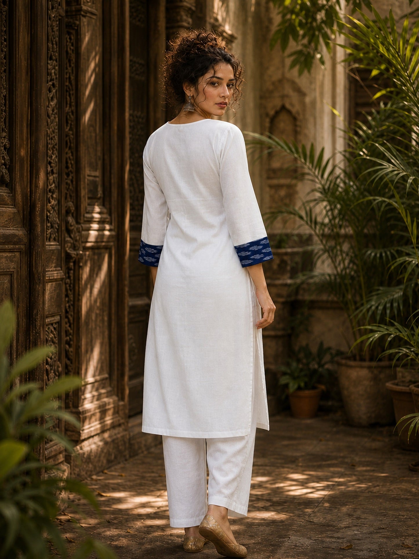 Minimal White Cotton Kurta with Navy Ikat Centre Panel & Coordinated Cuff Detail