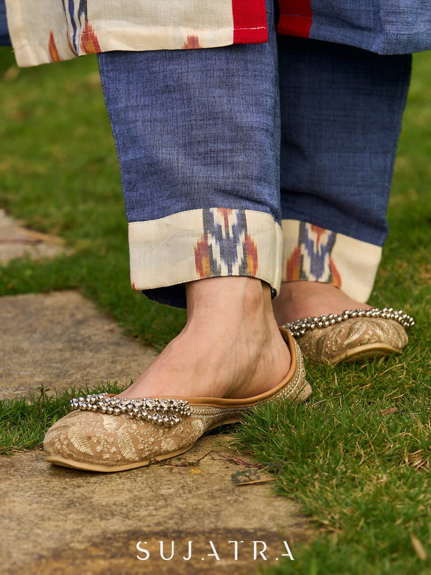 Contemporary Cream and Blue Ikat Half-and-Half Kurta