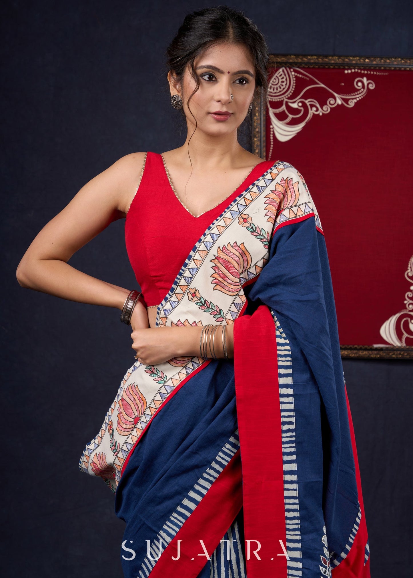 Exclusive Hand-painted Madhubani & Indigo combination saree with Hand-painted Motif on Pallu
