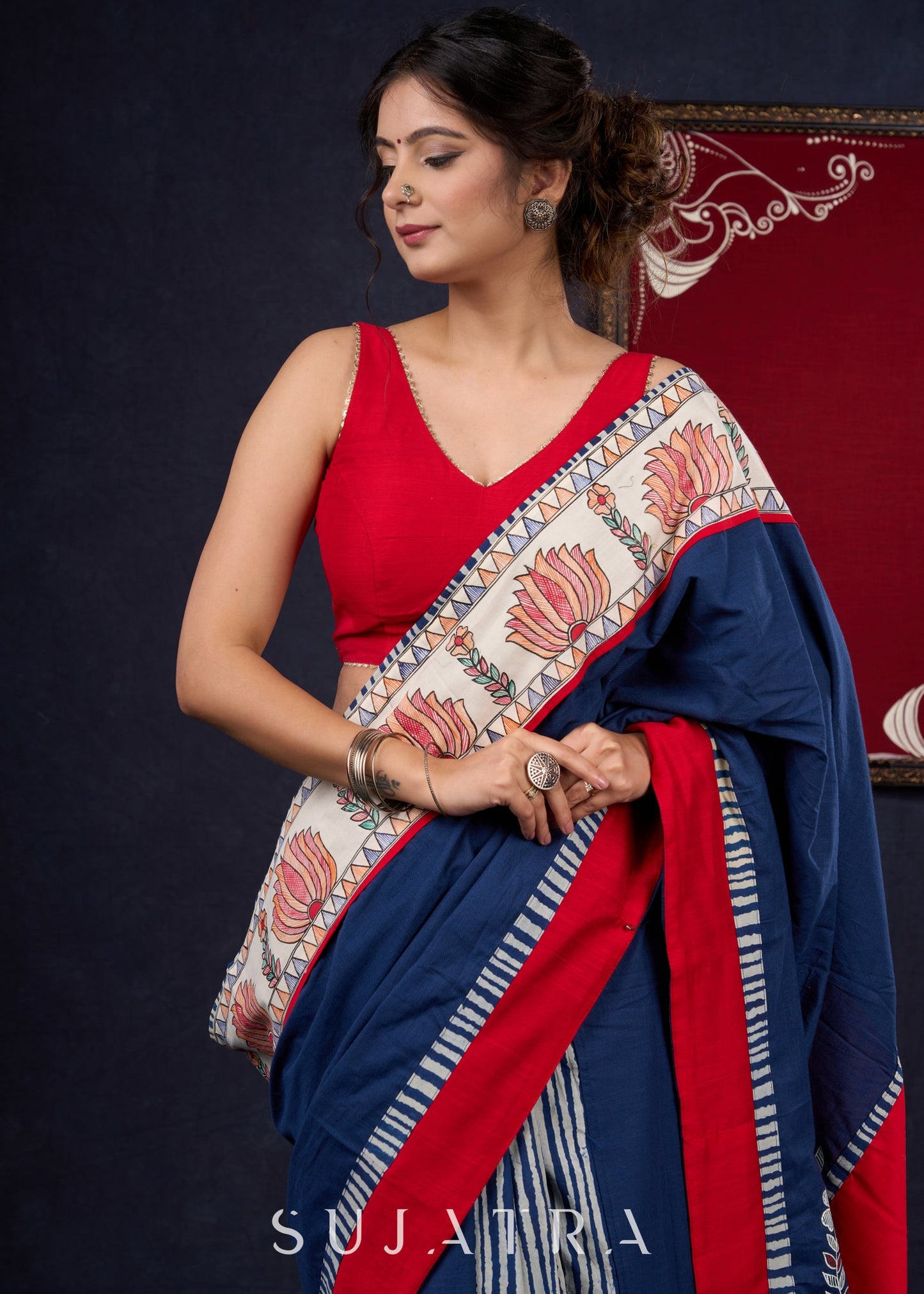 Exclusive Hand-painted Madhubani & Indigo combination saree with Hand-painted Motif on Pallu