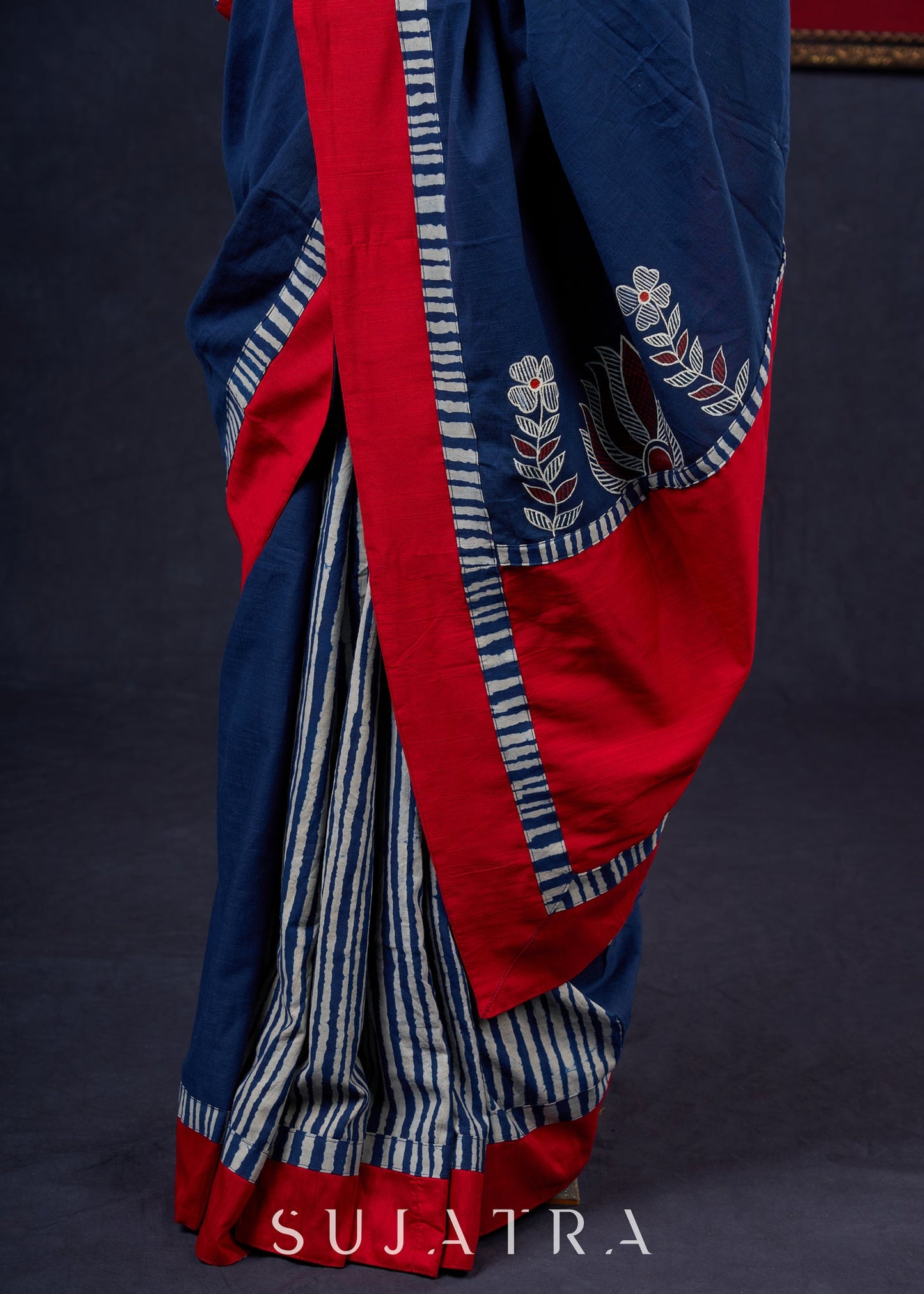 Exclusive Hand-painted Madhubani & Indigo combination saree with Hand-painted Motif on Pallu