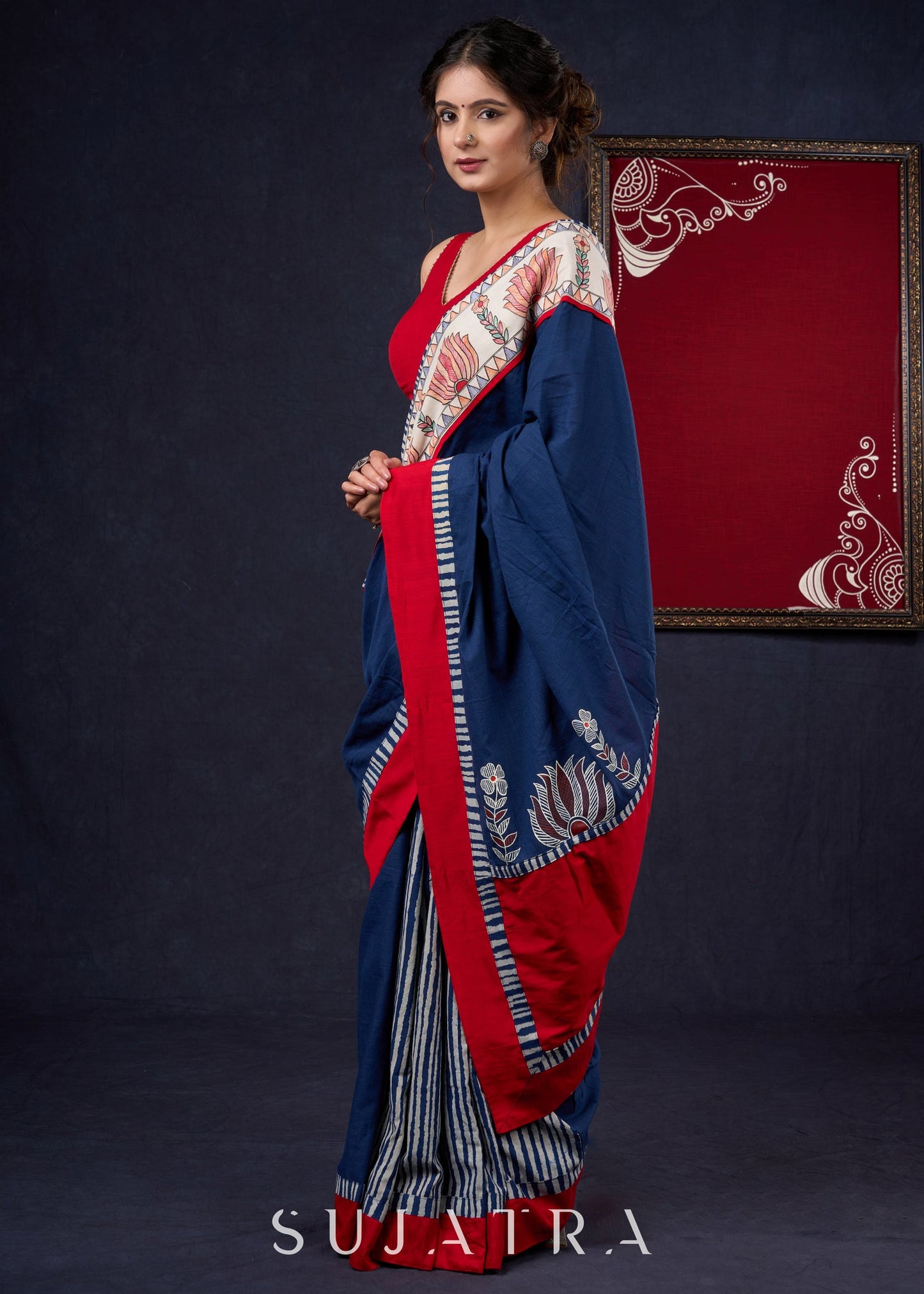 Exclusive Hand-painted Madhubani & Indigo combination saree with Hand-painted Motif on Pallu