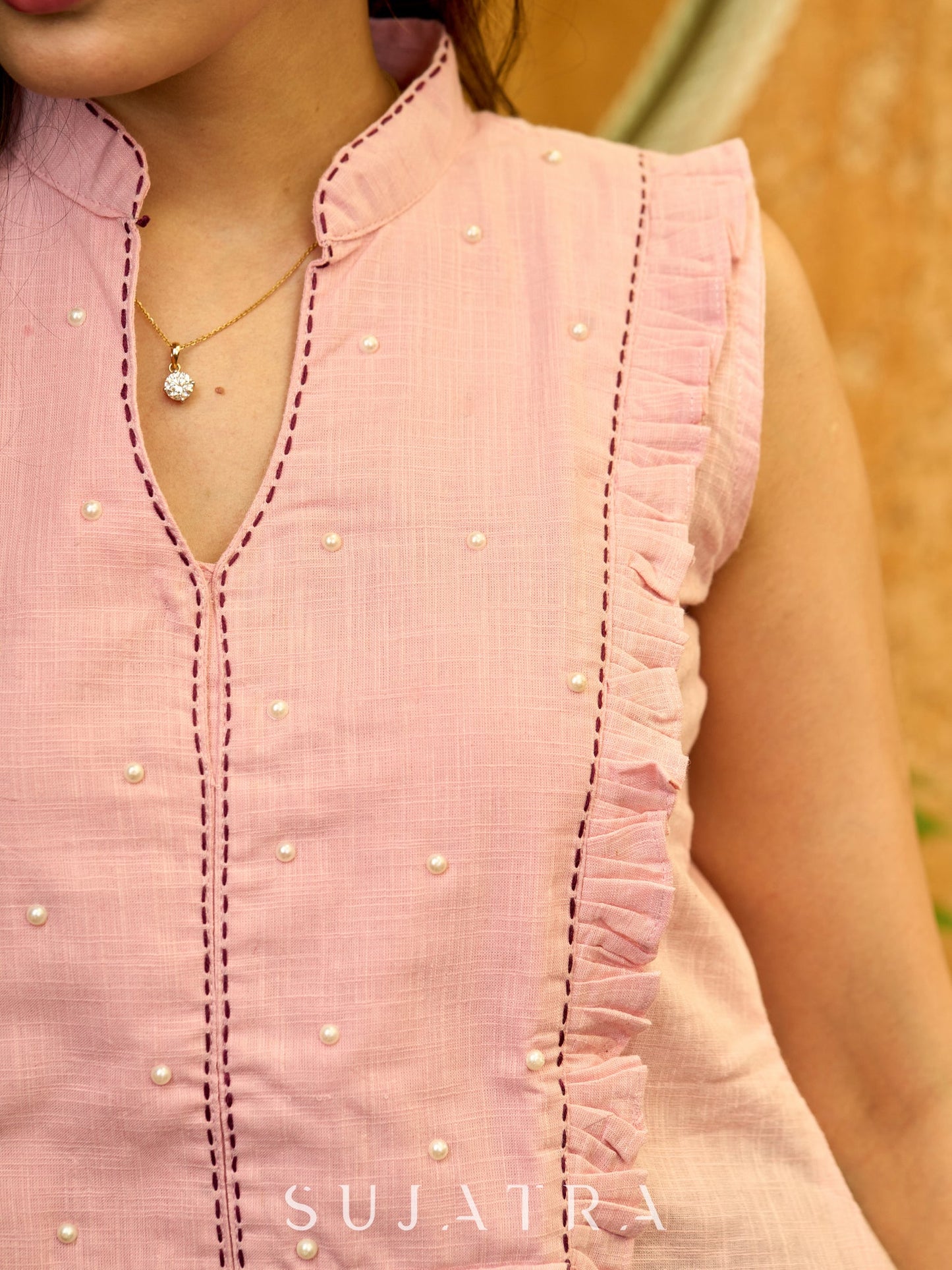 Pretty Pastel Pink Cotton Top with Pearl Embellished Frilled Yoke and Kantha Embroidery
