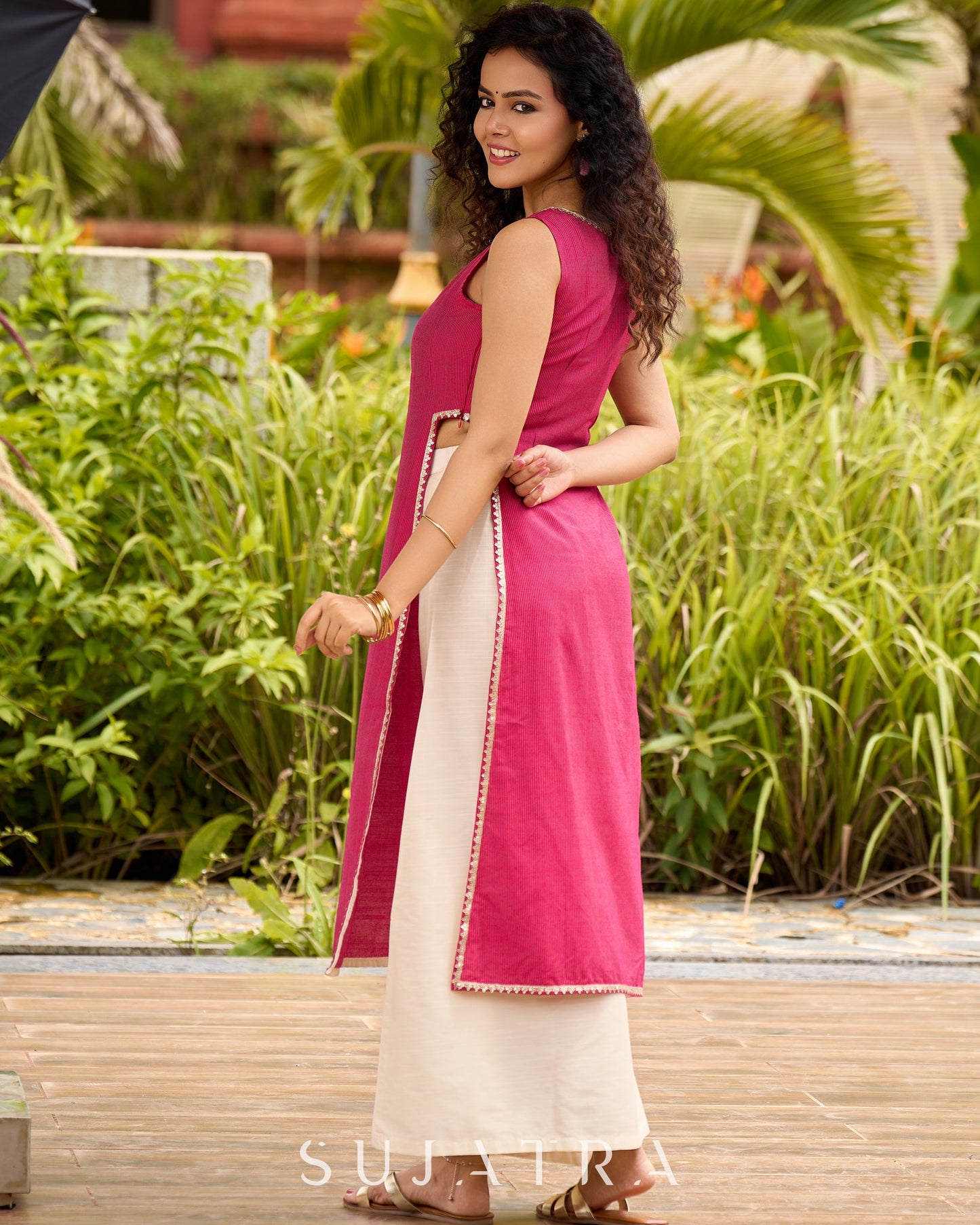 Elegant Striped Kurta in Pink with High Slit - Flared Pants Additional