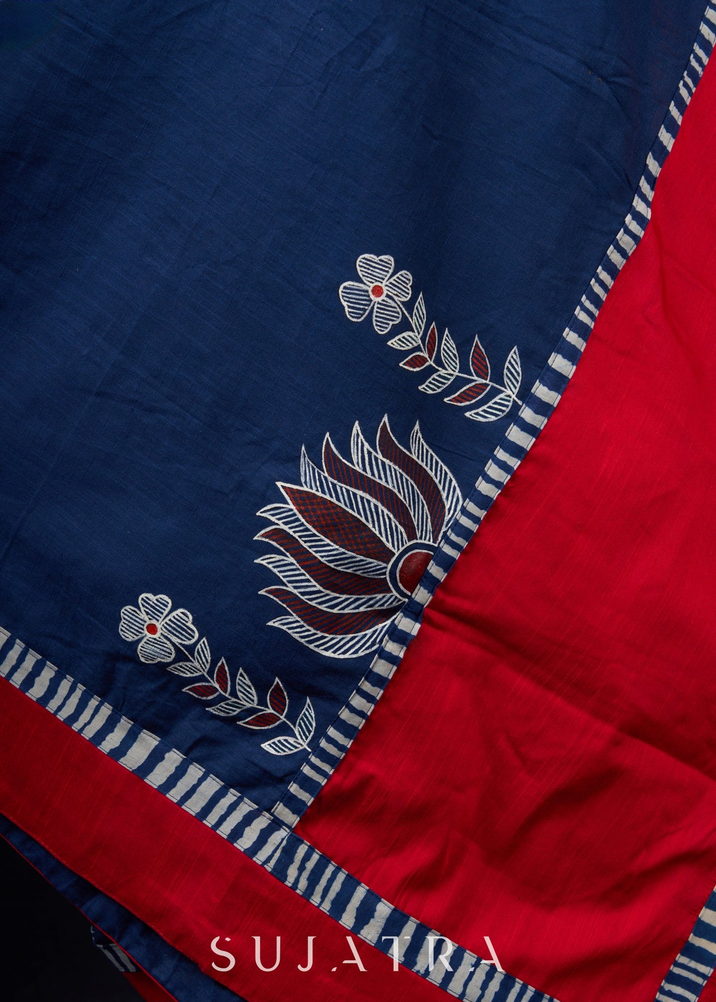 Exclusive Hand-painted Madhubani & Indigo combination saree with Hand-painted Motif on Pallu