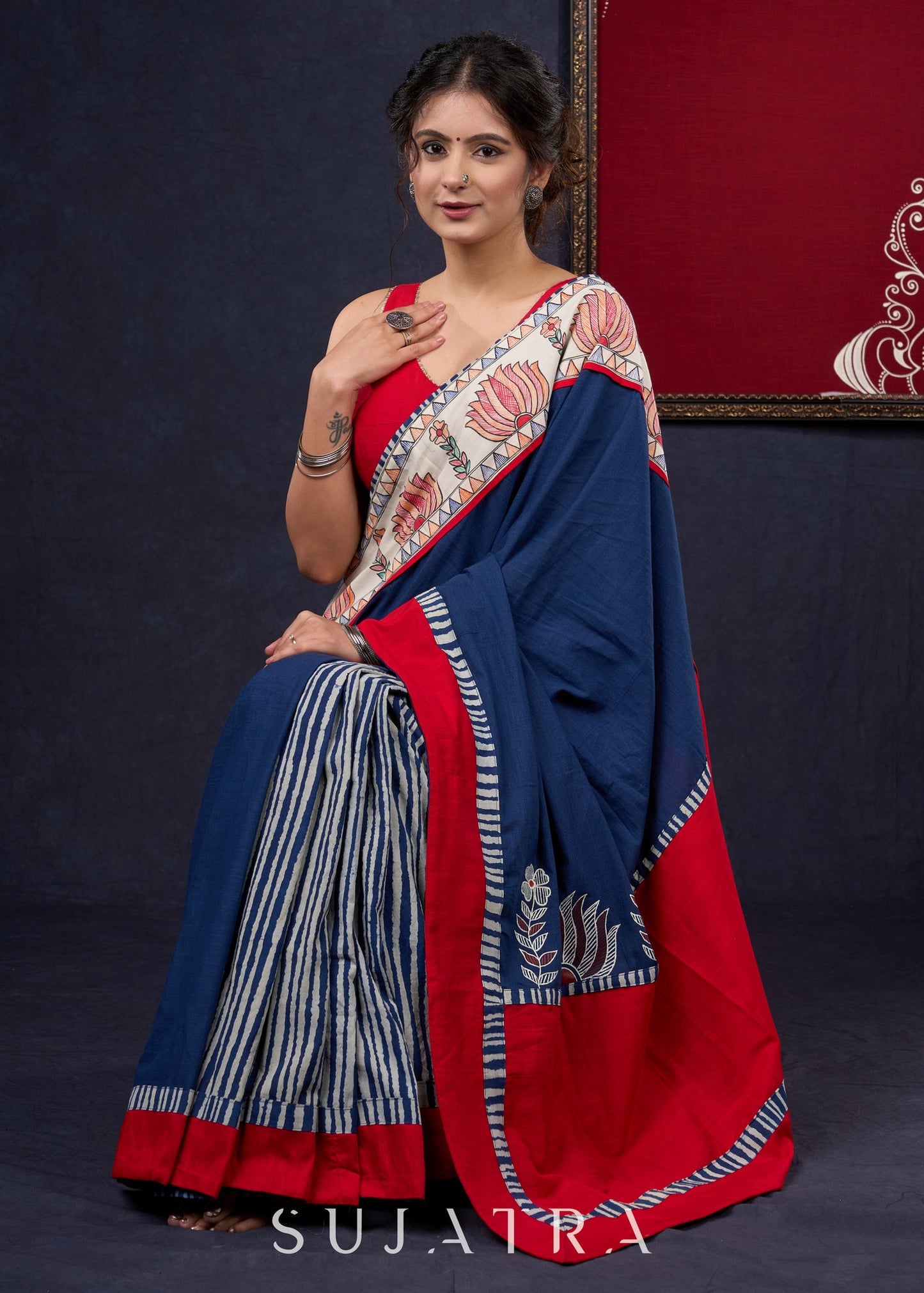 Exclusive Hand-painted Madhubani & Indigo combination saree with Hand-painted Motif on Pallu