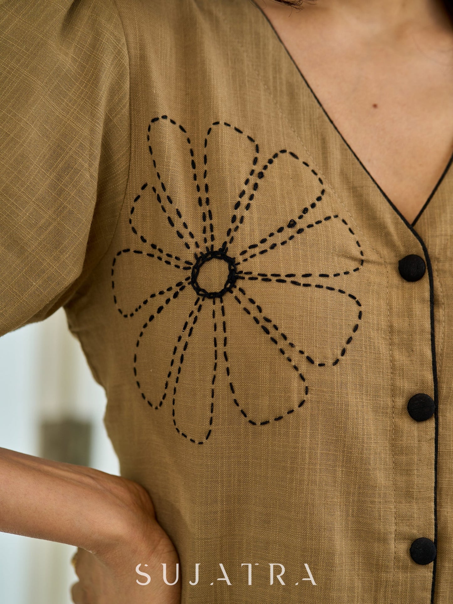 Classic Beige Cotton Shift Dress with Delicate Hand Embroidered Kantha Flower, Contrast Trims, and Statement Puffy Sleeves