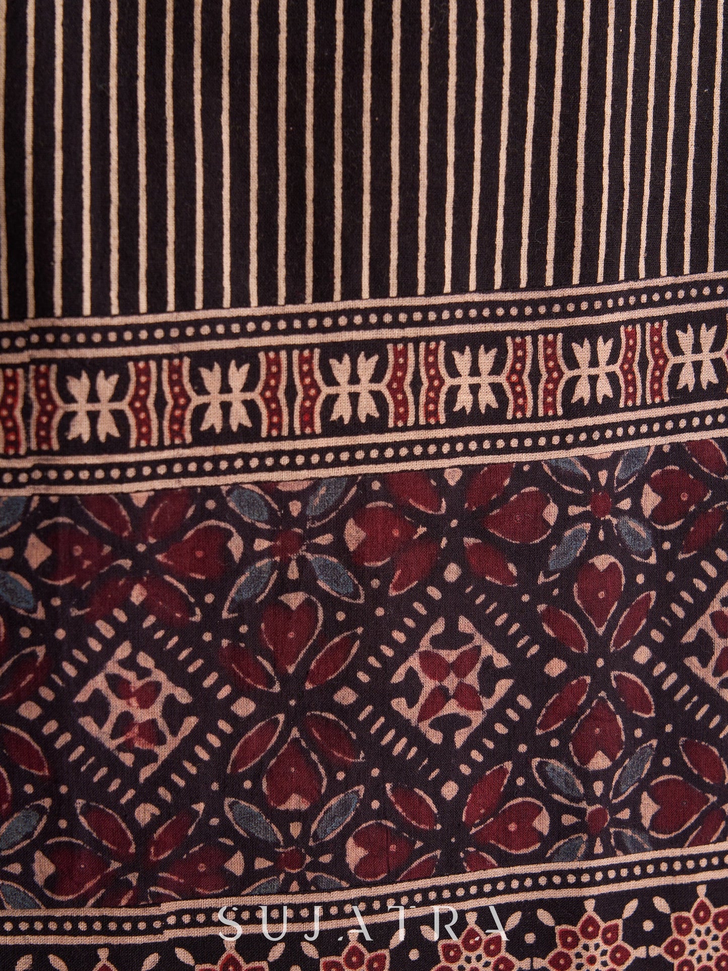 Elegant Black Lined Ajrakh Kurta with Border Accents, V-Neckline & Ajrakh Tassels