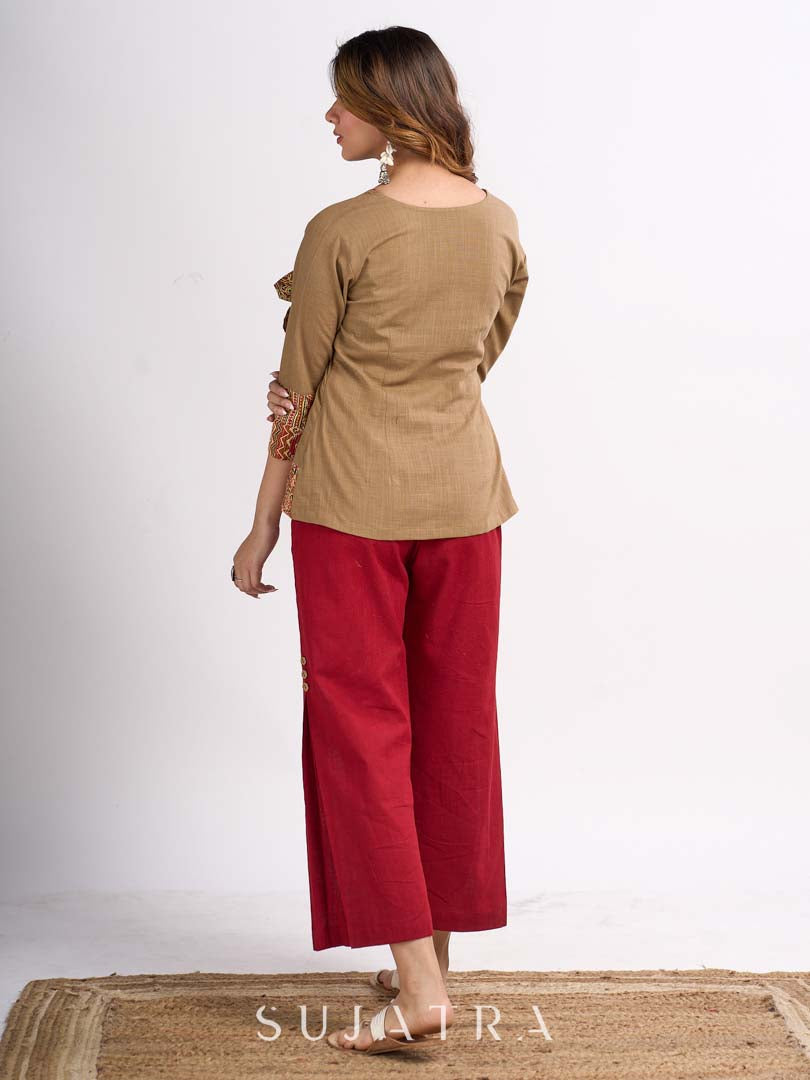 Beige Cotton Angrakha Style Top with Contrast Piping and Statement Tie Up Detailing