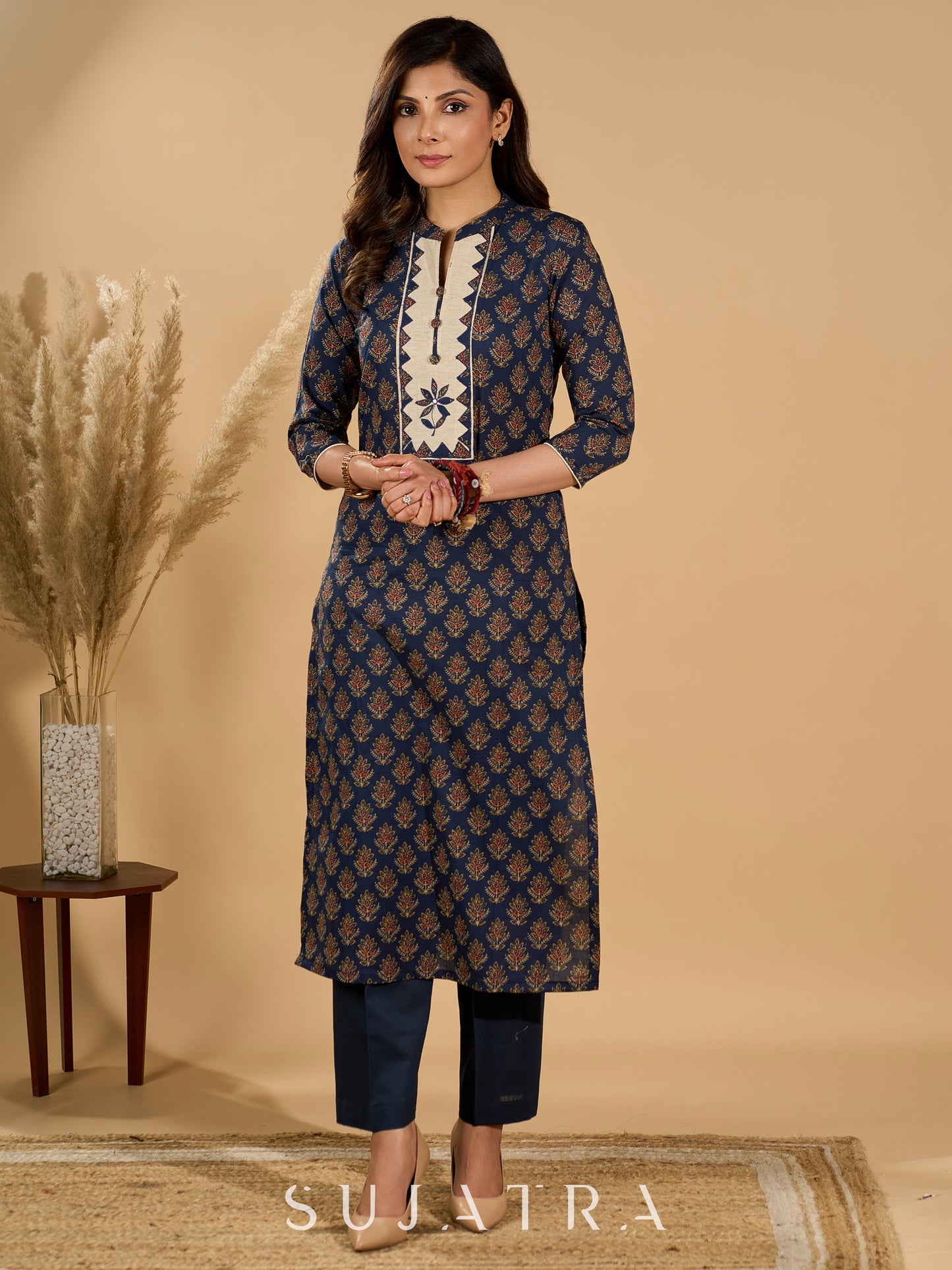 Deep Dusk Charm Cotton Kurta Set with Appliqué Yoke and Dupatta