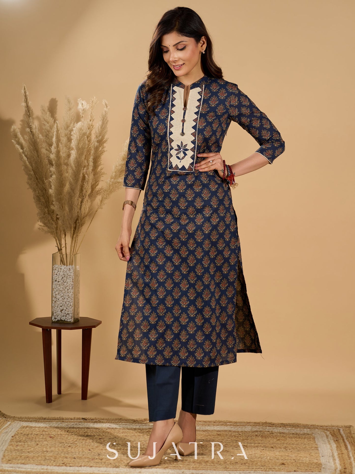 Deep Dusk Charm Cotton Kurta Set with Appliqué Yoke and Dupatta