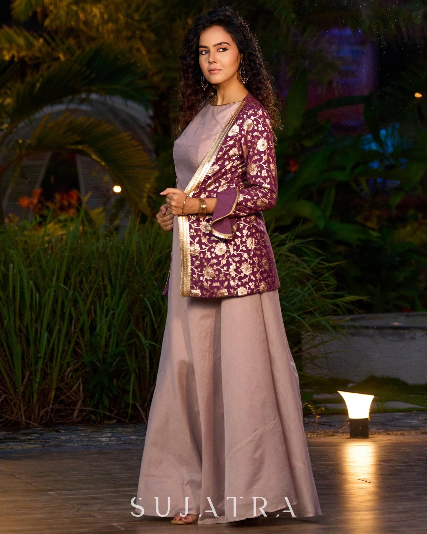 Exquisite Lavender Chanderi Princess-Cut Flared Gown with Brocade Jacket Additional