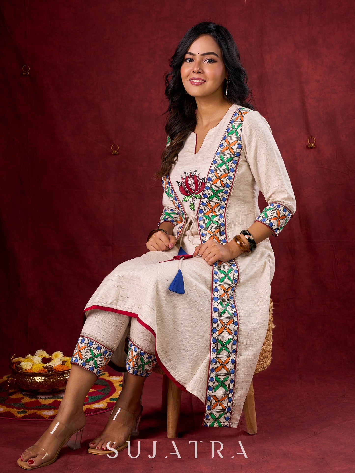 Ivory Handloom Jacket-Style Kurta with Hand Painted Madhubani & Gond Detailing
