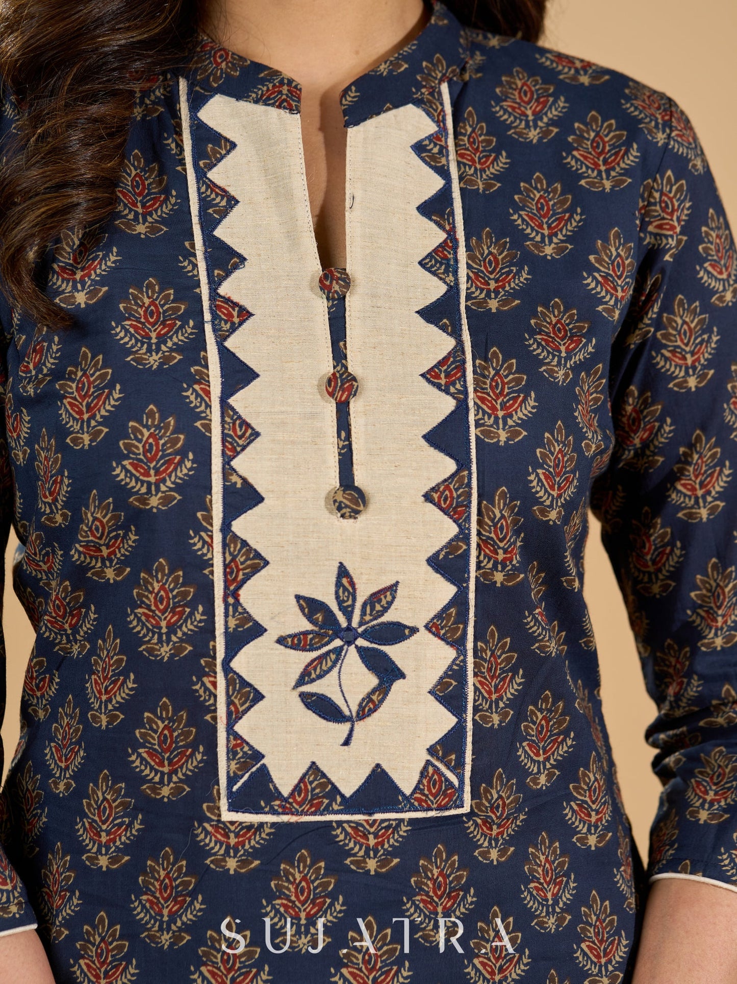 Deep Dusk Charm Cotton Kurta Set with Appliqué Yoke and Dupatta