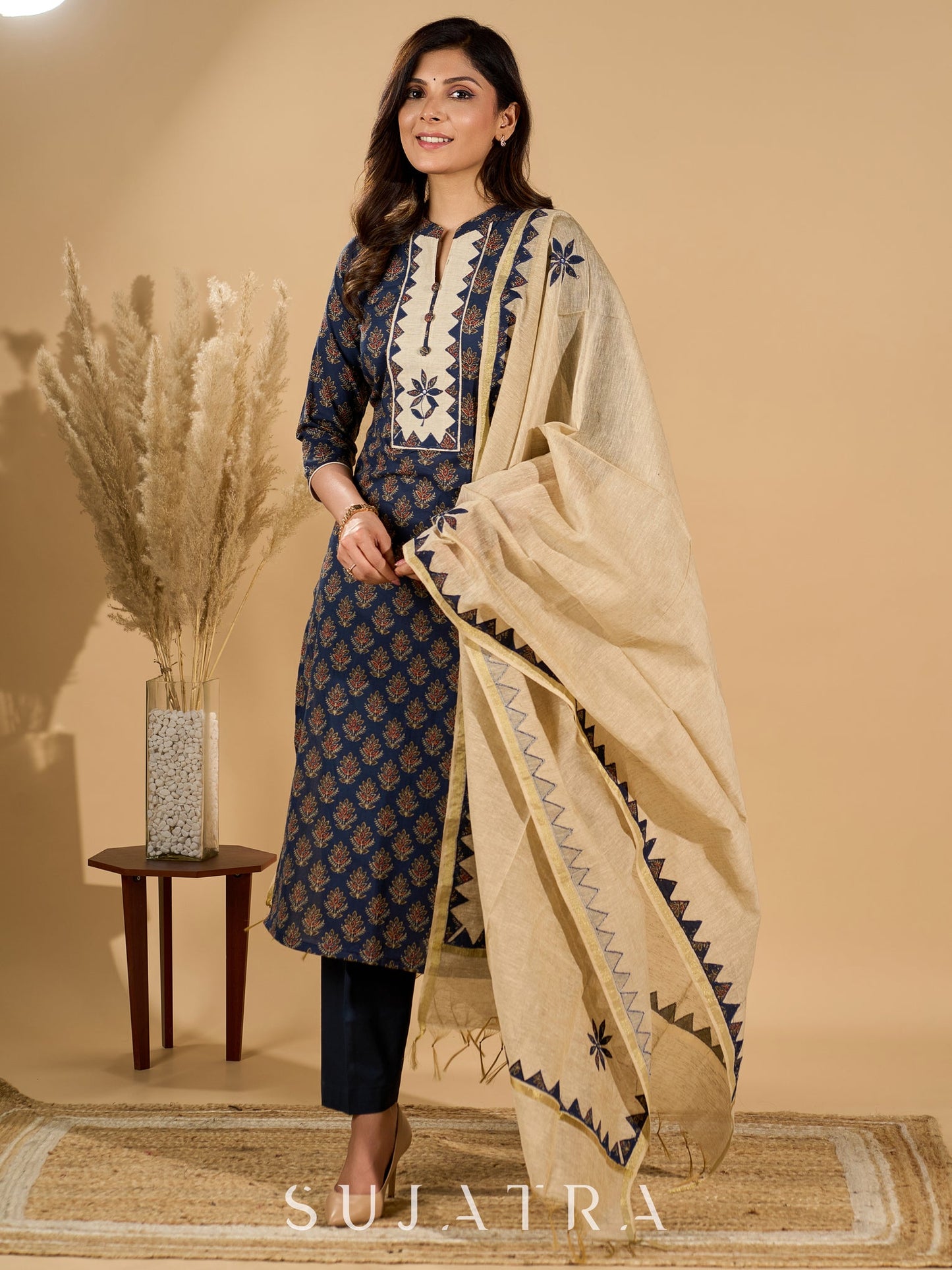 Deep Dusk Charm Cotton Kurta Set with Appliqué Yoke and Dupatta