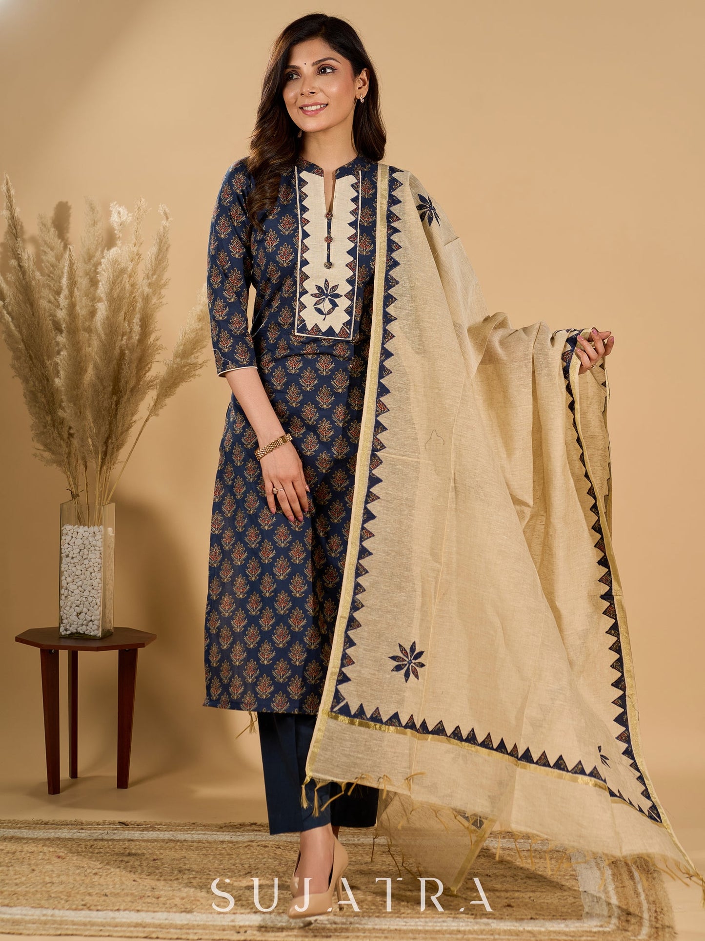 Deep Dusk Charm Cotton Kurta Set with Appliqué Yoke and Dupatta