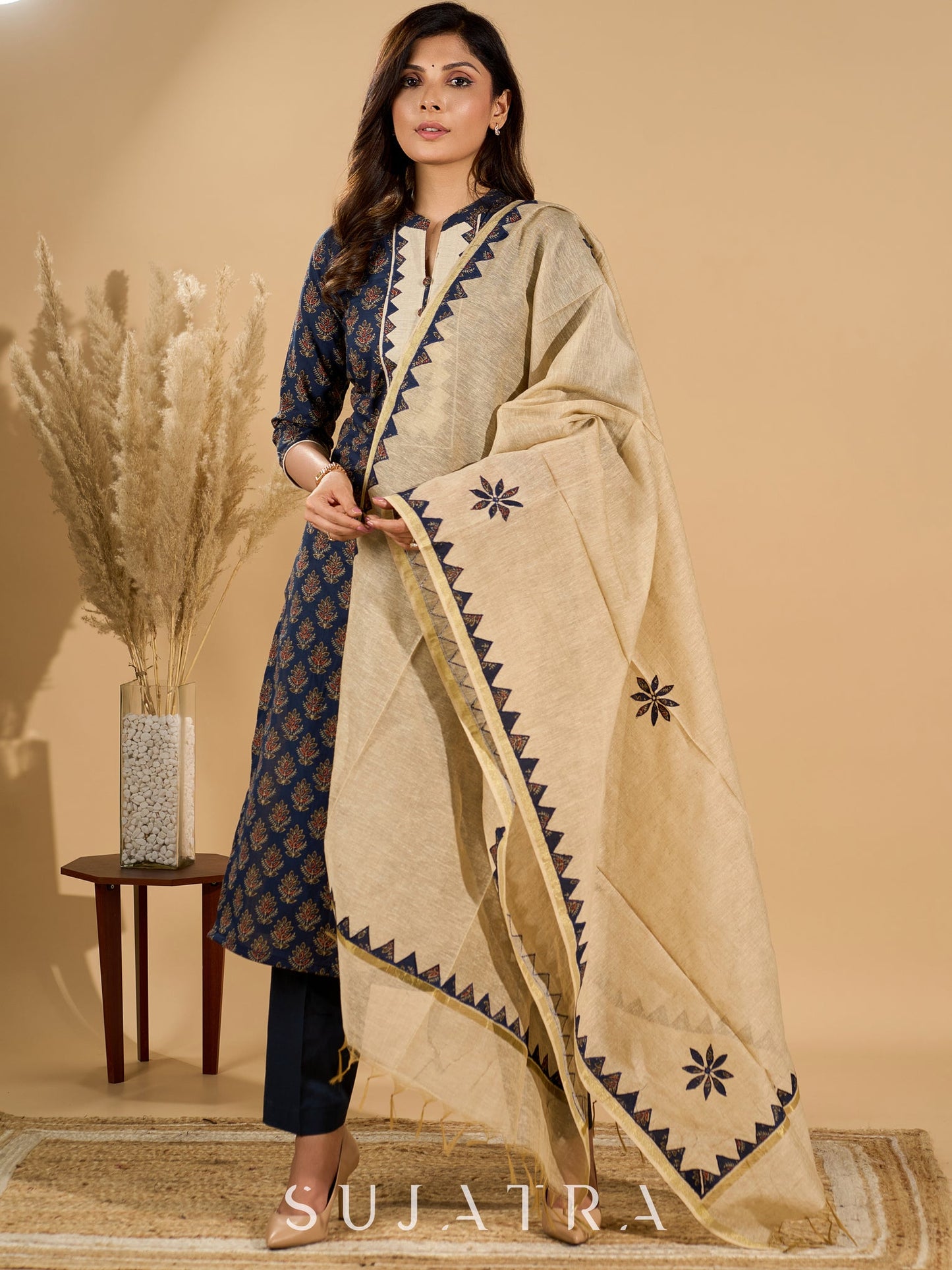 Deep Dusk Charm Cotton Kurta Set with Appliqué Yoke and Dupatta