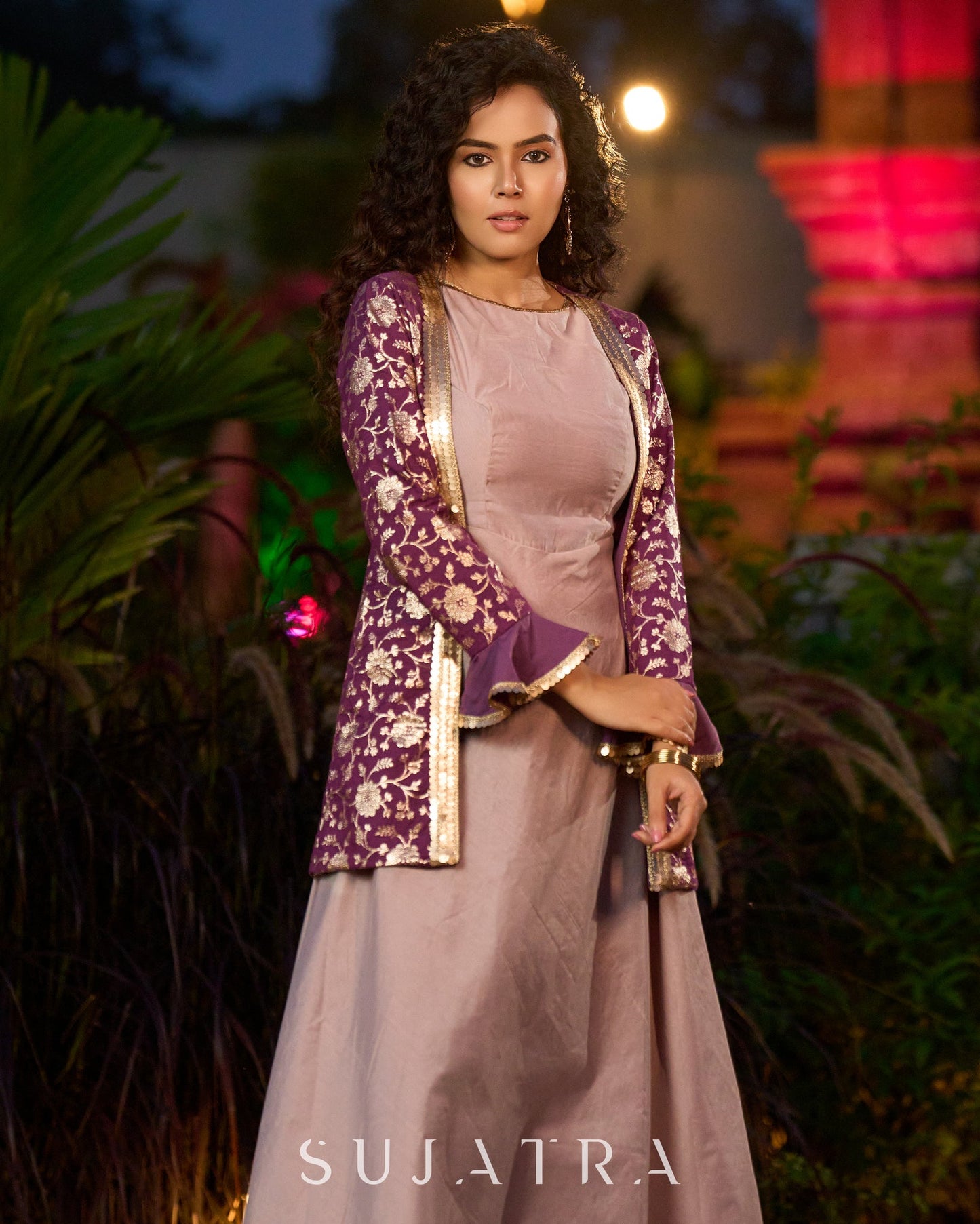 Exquisite Lavender Chanderi Princess-Cut Flared Gown with Brocade Jacket Additional