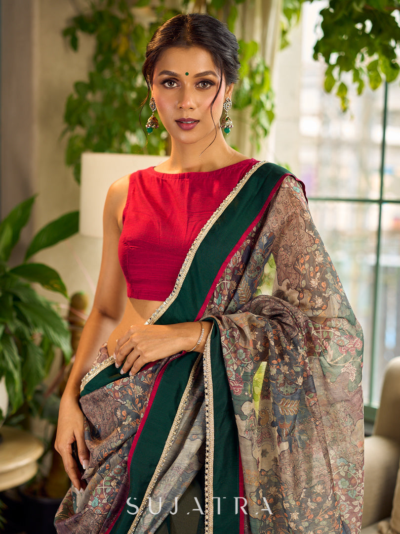 Sari majestueux en georgette vert bouteille avec pallu imprimé Kalamkari artistique et délicate bordure en dentelle dorée
