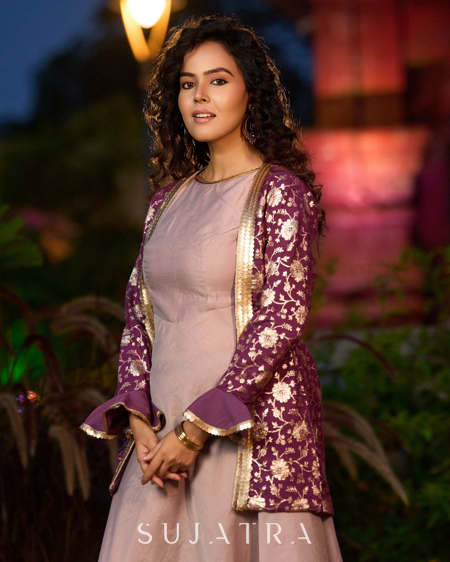 Exquisite Lavender Chanderi Princess-Cut Flared Gown with Brocade Jacket Additional