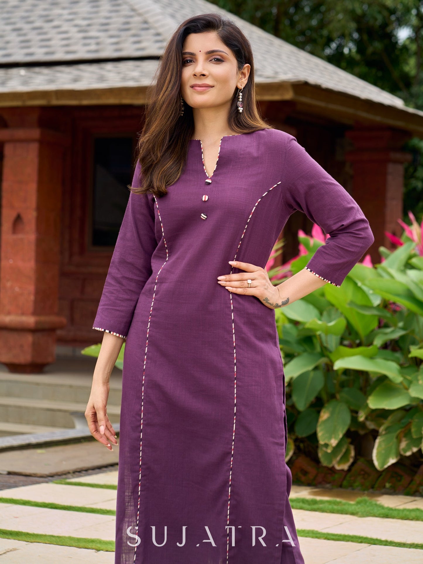 Elegant purple cotton kurta designed with flattering princess-cut silhouette -pant optional