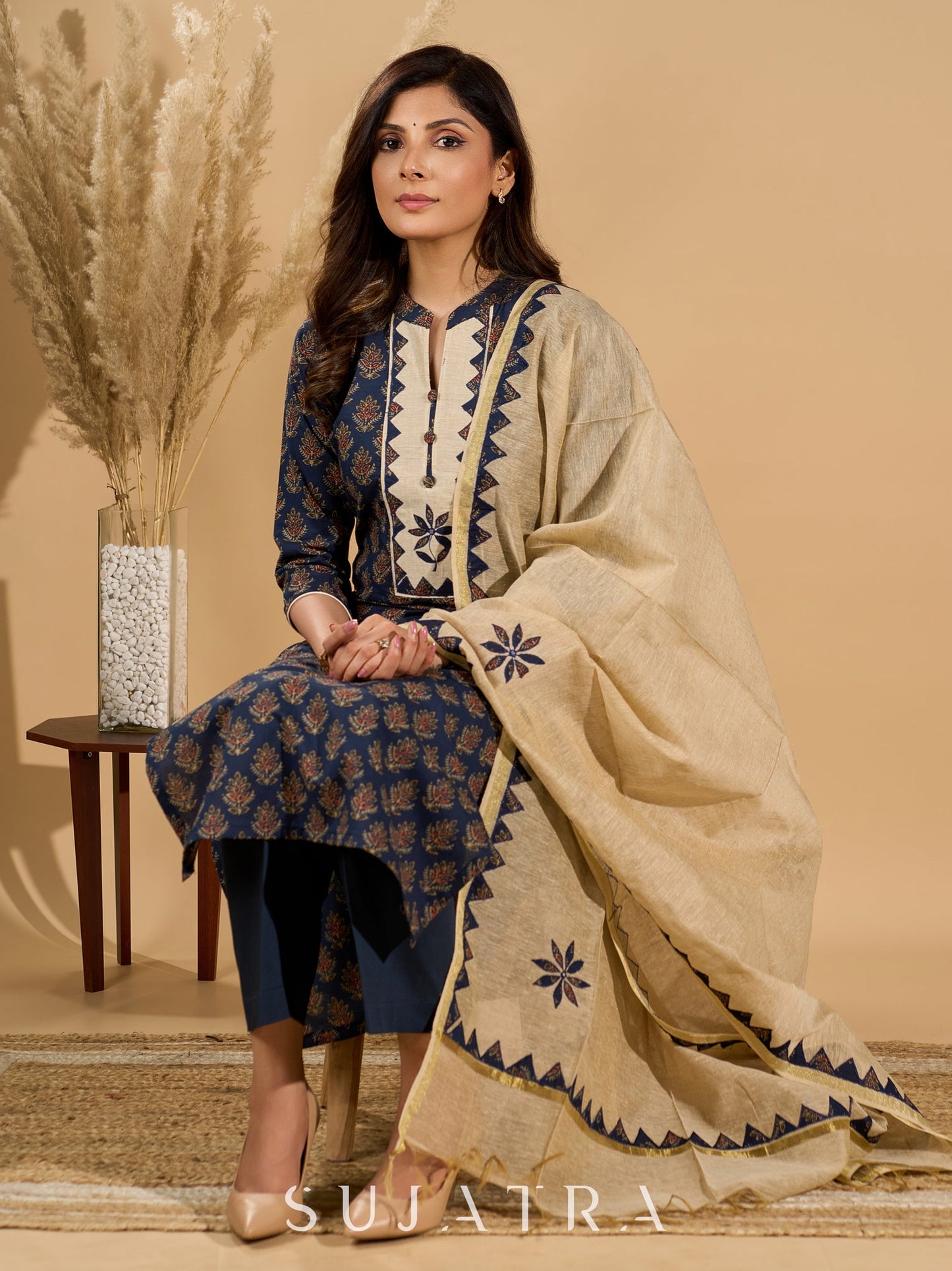 Deep Dusk Charm Cotton Kurta Set with Appliqué Yoke and Dupatta
