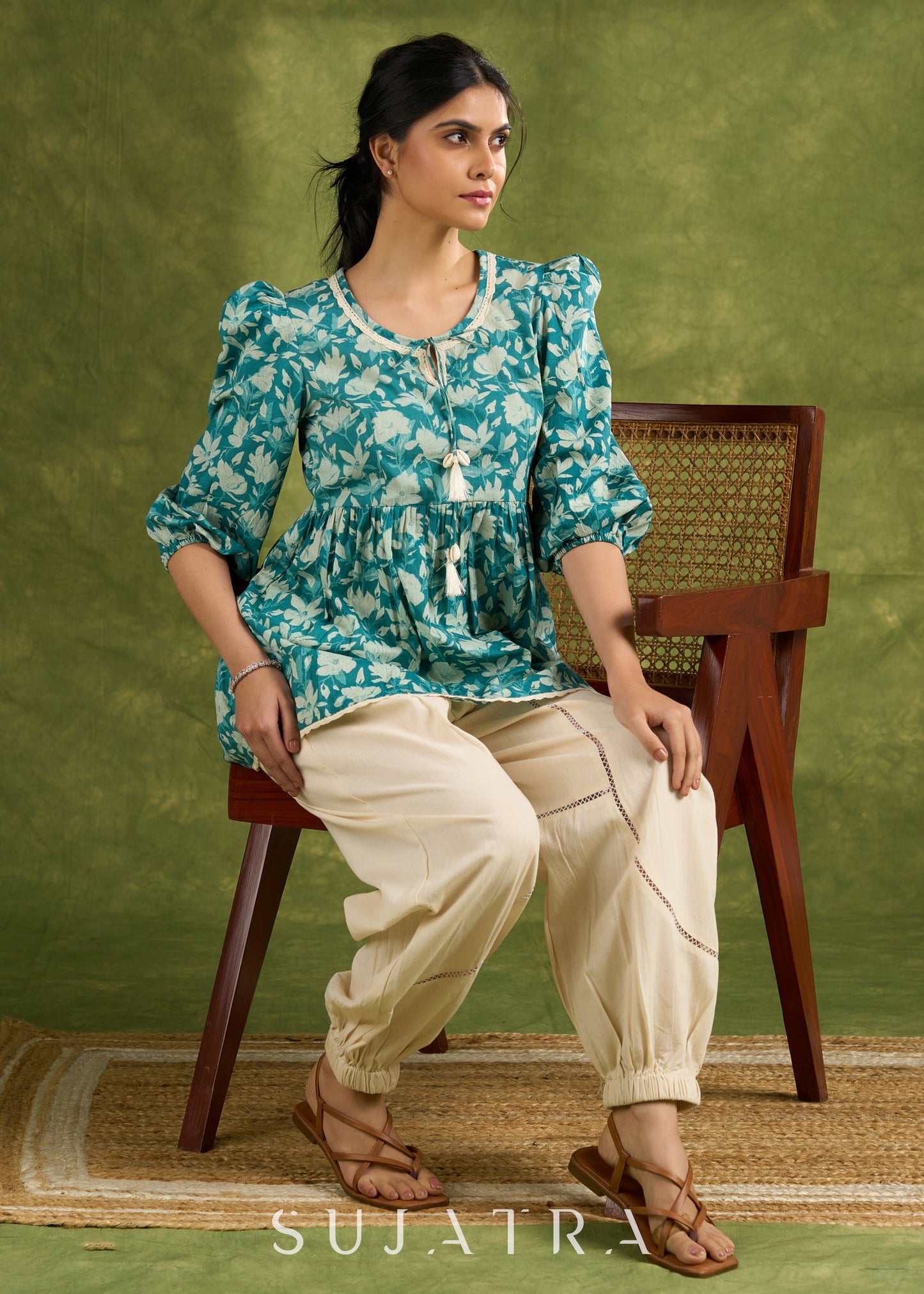 Mint Green Cotton Printed Gathered Sleeve Top With Laces - Pant Optional
