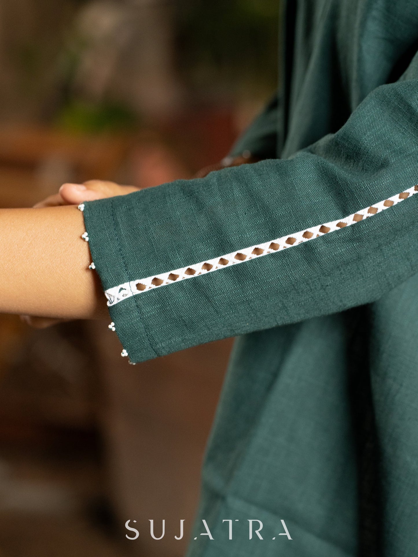 Bottle Green Cotton Shirt with Delicate White Lace and Bead Embellishments