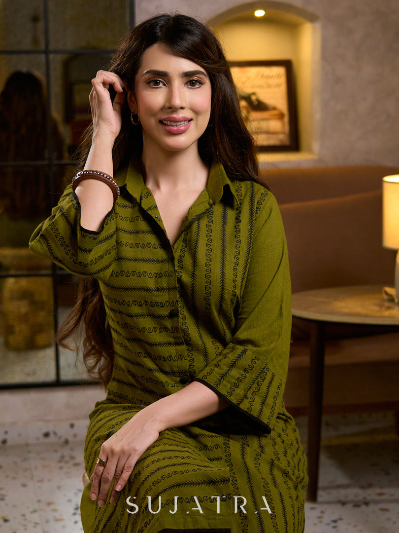 Sophisticated Olive Green A-Line Cotton Dress with Mixed Stripe Hand Block Print & Bell Sleeves