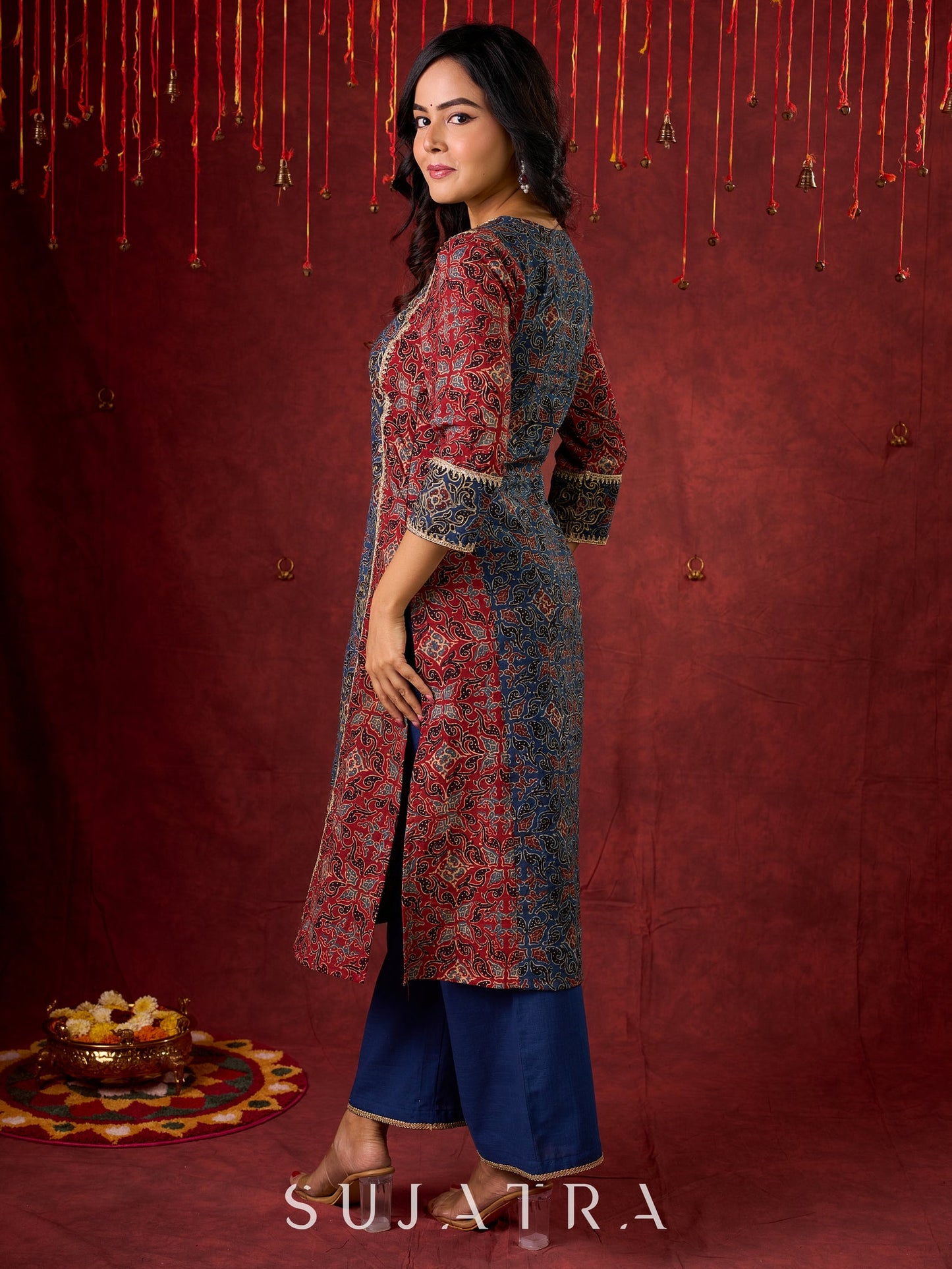 Rustic Harmony Blue–Maroon Combination Ajrakh Cotton Kurta with Delicate Embroidery