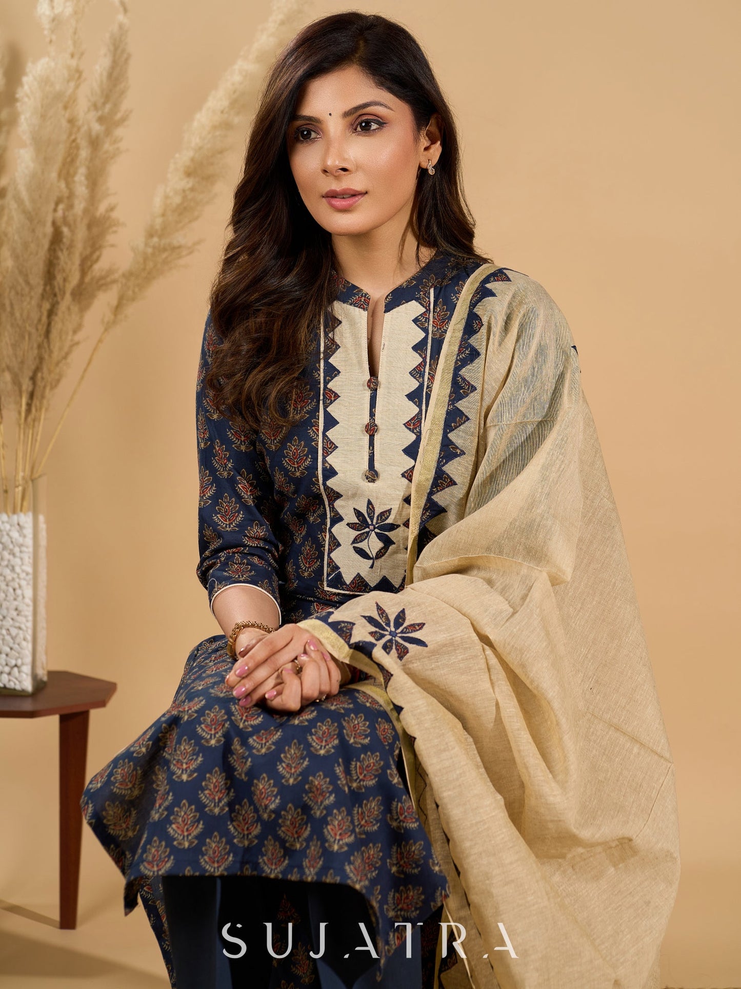 Deep Dusk Charm Cotton Kurta Set with Appliqué Yoke and Dupatta