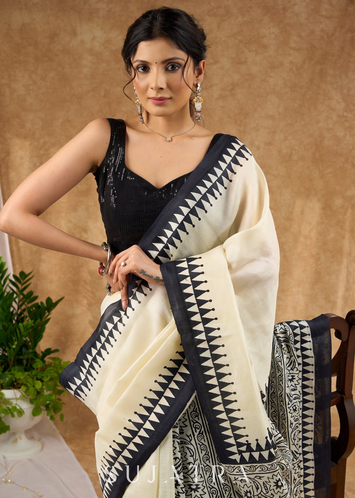 Authentic Off White Pure Silk Block Printed Saree With Temple Border