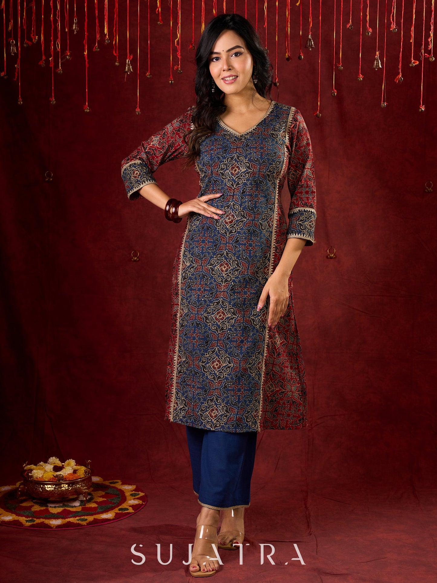 Rustic Harmony Blue–Maroon Combination Ajrakh Cotton Kurta with Delicate Embroidery