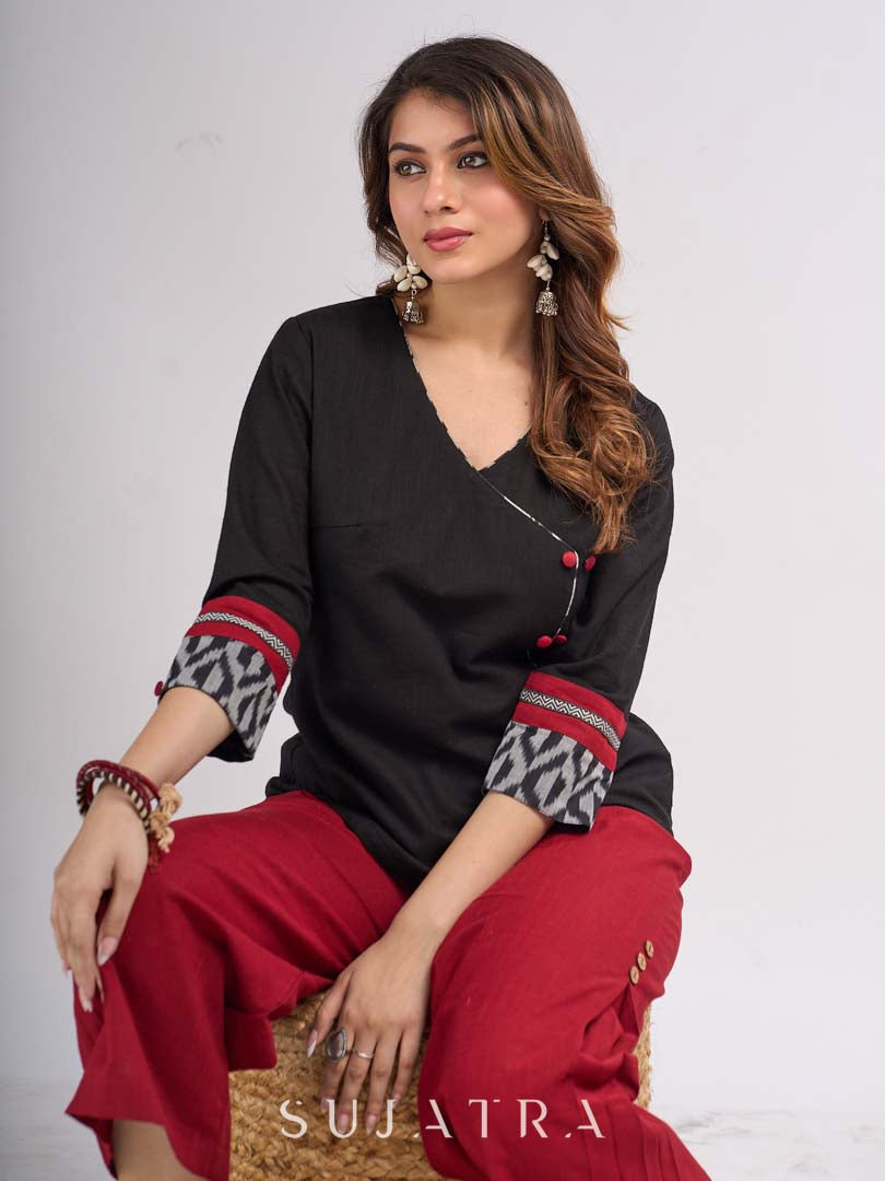 Black Cotton Wrap Pattern Top with Ikat Cuff Panels and Button Highlight